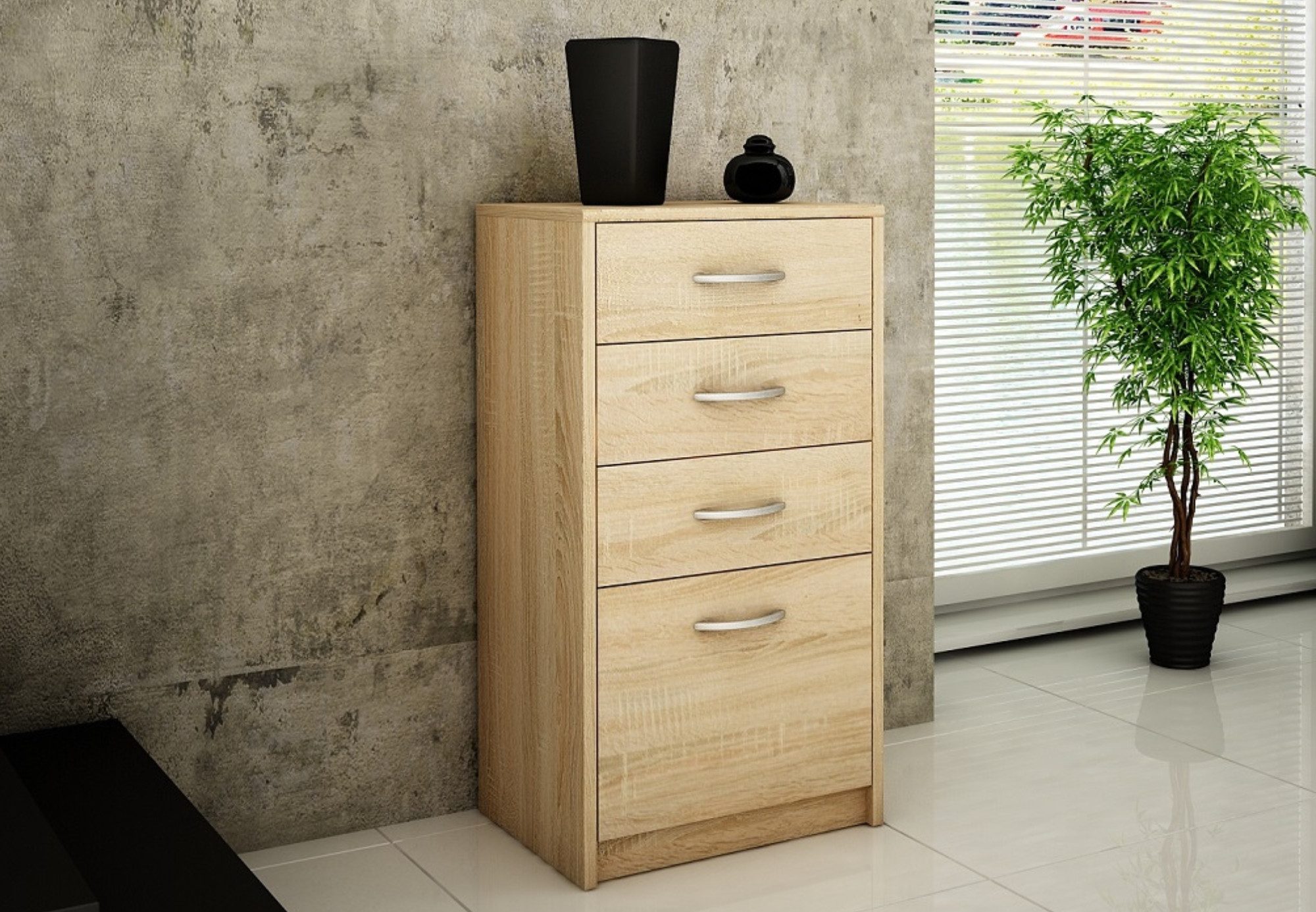 Home Collective Kommode mit 4 Schubladen mit matter Oberfläche, Kommode 45cm breit Holz (Schlafzimmer Wohnzimmer Flur Büro Organizer, Metallrollen mit Auszugsstopp), Schrank Kommode mit Schubladen Sideboard Highboard sonoma