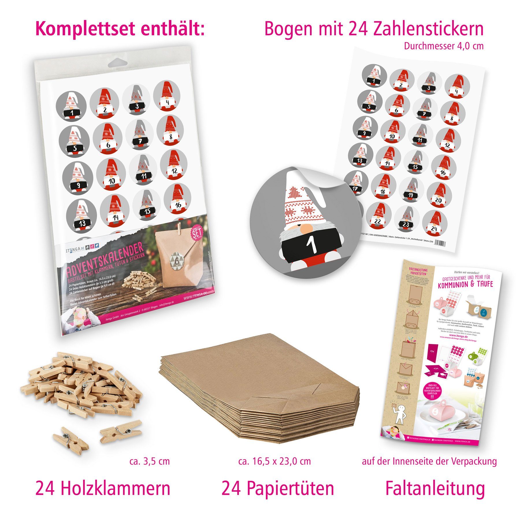 Adventskalender Geschenktüten Sticker Wichtelbande Adventskalender Klammern 29 itenga befüllbarer Set +