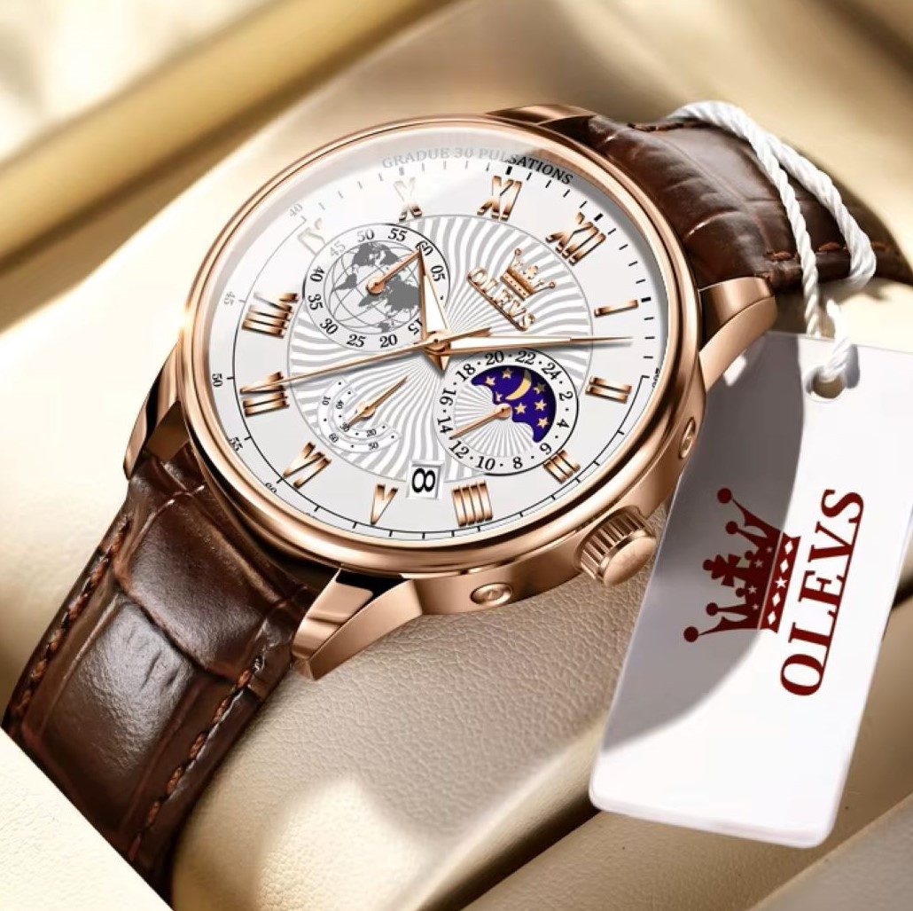 OLEVS Quarzuhr Herren Olevs Chronograph Uhr – Lederarmband, klassisch elegant