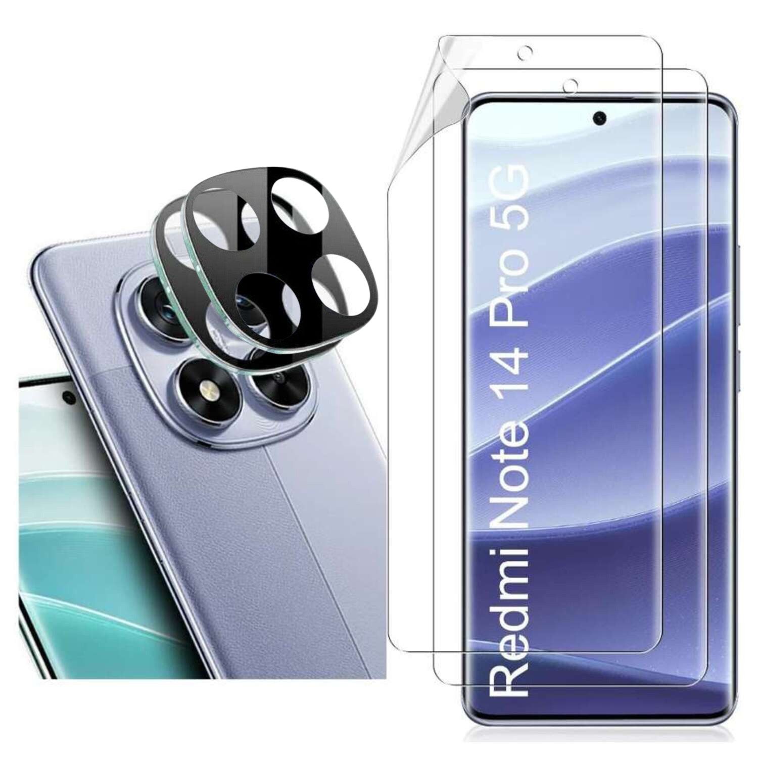 CLM-Tech Displayschutzfolie 2X Schutzfolie für Xiaomi Redmi Note 14 PRO 5G Kameraschutz 2X für Xiaomi Redmi Note 14 Pro 5G, 4er Set Kameraglas aus 9H Glas Displayschutz Folie weich, 4 Stück, Anti-Fingerabdruck und blasenfreie Anbringung