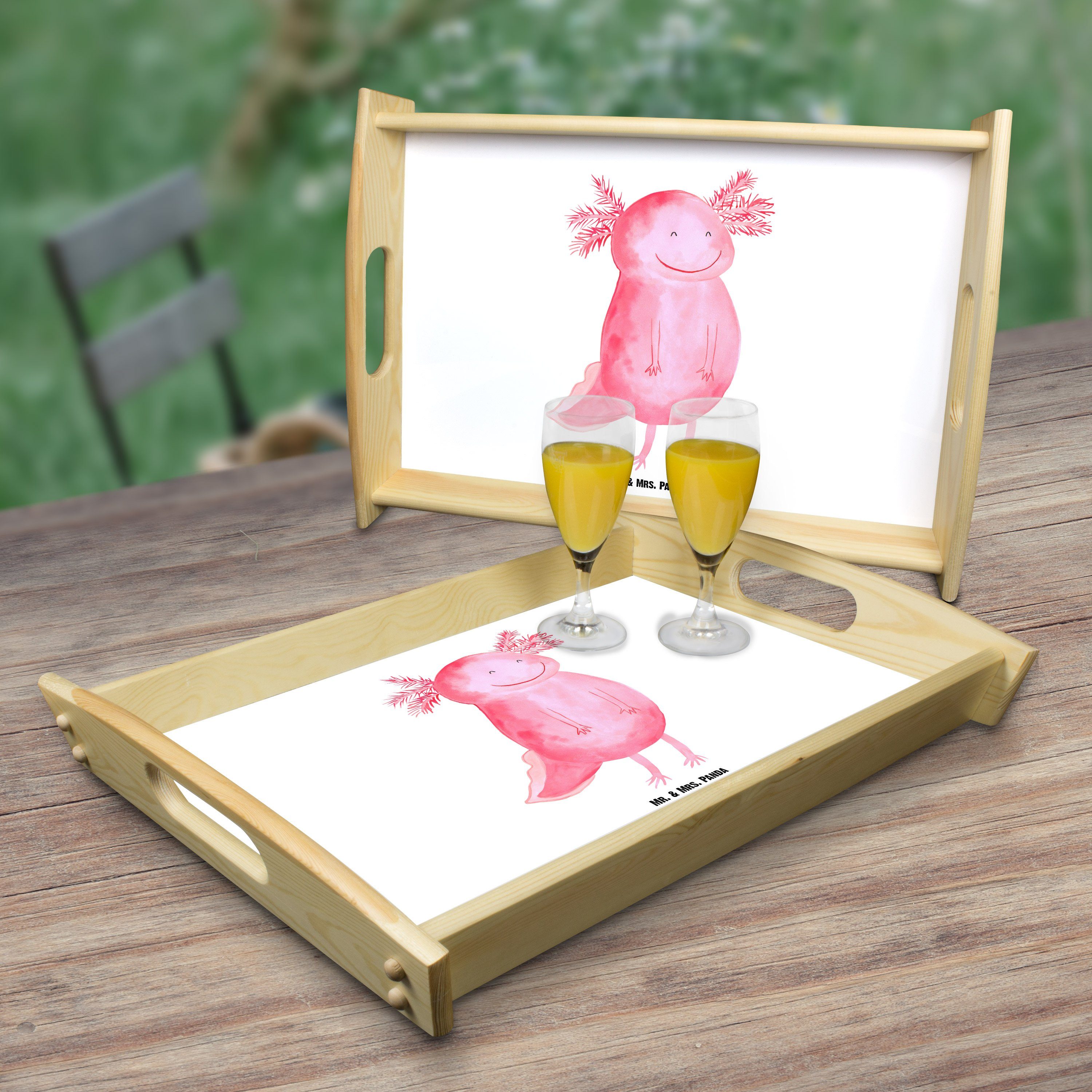 Mr. & Mrs. Panda Tablett Axolotl Geschenk, lasiert, Weiß - gute, Schwanzlurch, (1-tlg) Echtholz glücklich - Holztablett