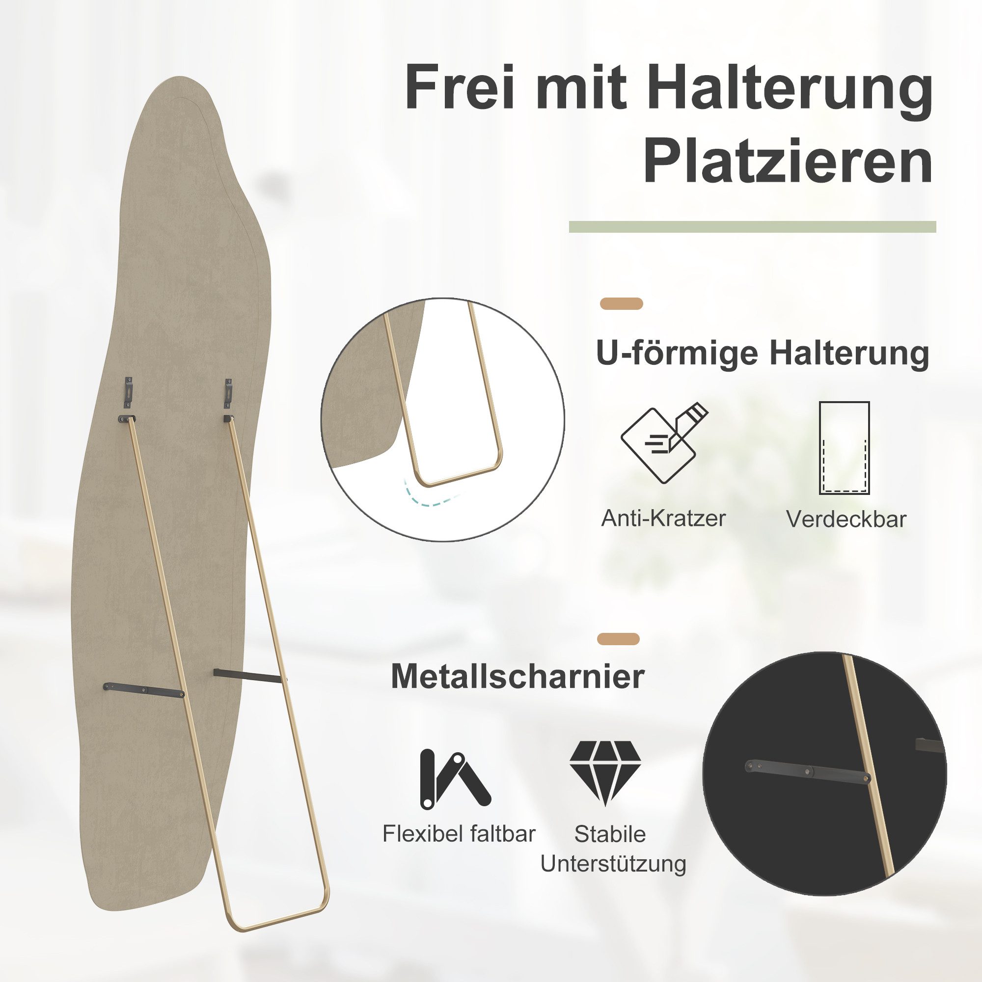 FUROKOY Ganzkörperspiegel Standspiegel mit Kristall-Samt Rahmen und verstarktem Glas, Asymmetrisch Wandspiegel,140x45cm,Weiß,Rahmen