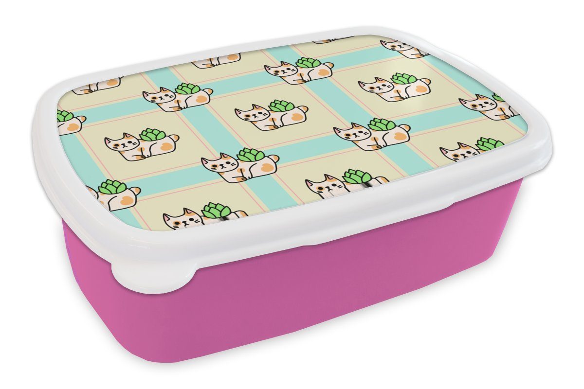 MuchoWow Lunchbox Katzen - Pflanzen - Pastell - Kind - Muster, Kunststoff, (2-tlg), Brotbox für Erwachsene, Brotdose Kinder, Snackbox, Mädchen, Kunststoff rosa