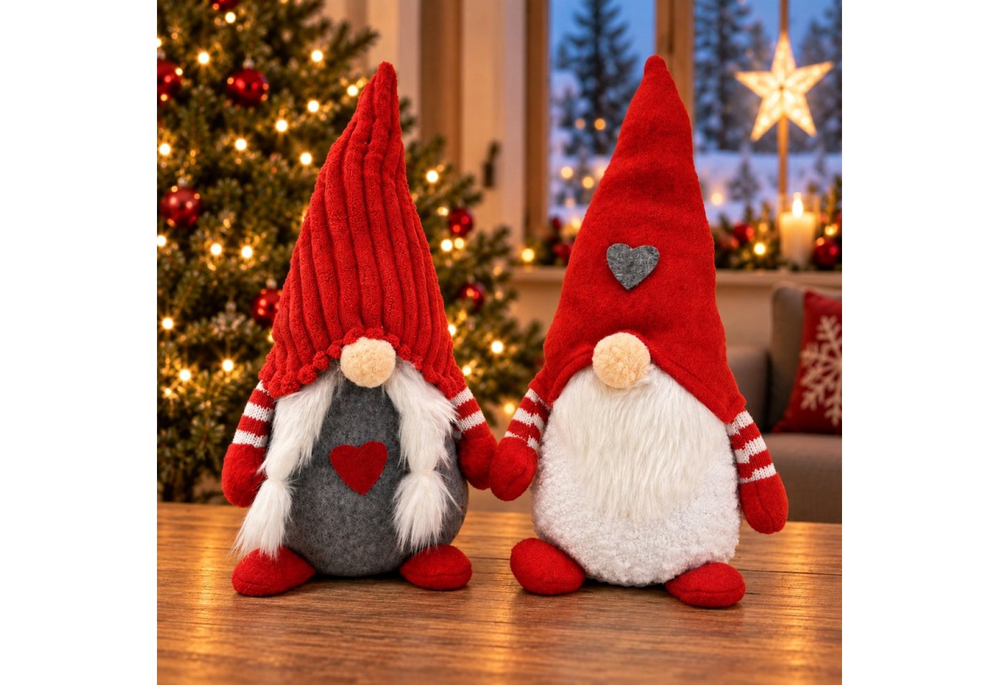 Online-Fuchs Dekofigur 2 rote Weihnachtswichtel, Zwerge mit Herzen - Figuren Weihnachtsdeko (kuschelig weihnachtlicher Look, klassisch rote Farben), Wichtel-Mädel mit niedlichen Zöpfen