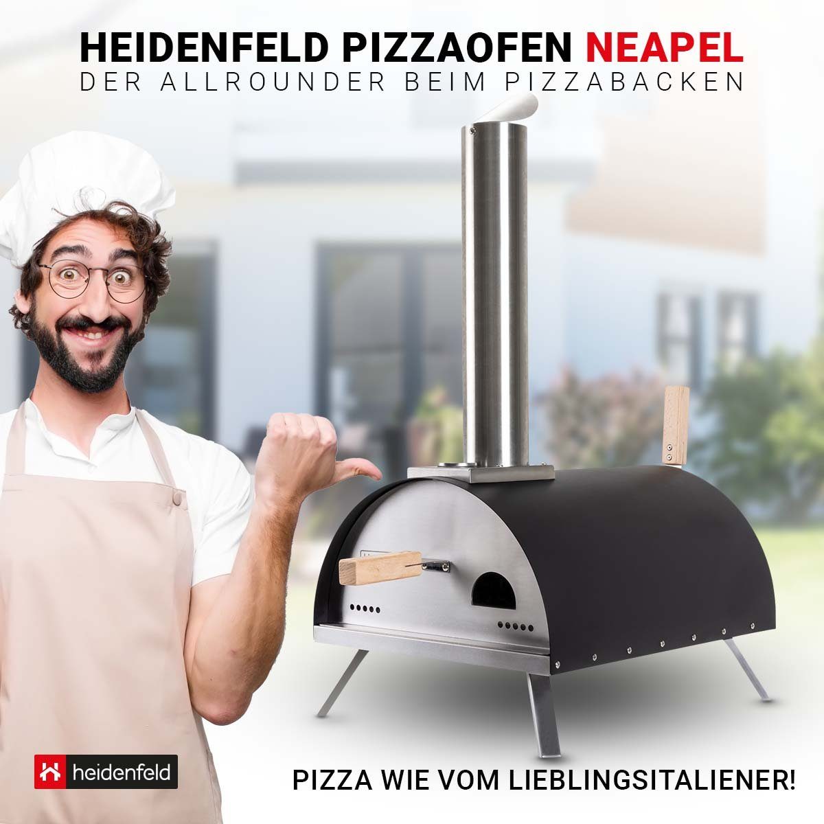 Heidenfeld Pizzaofen Edelstahl Pizza Ofen Neapel inkl. Pizzastein - bis  500°C, Pellets oder Hybrid 2in1 Gasgril - Sichtfenster - Backofen - Holzofen