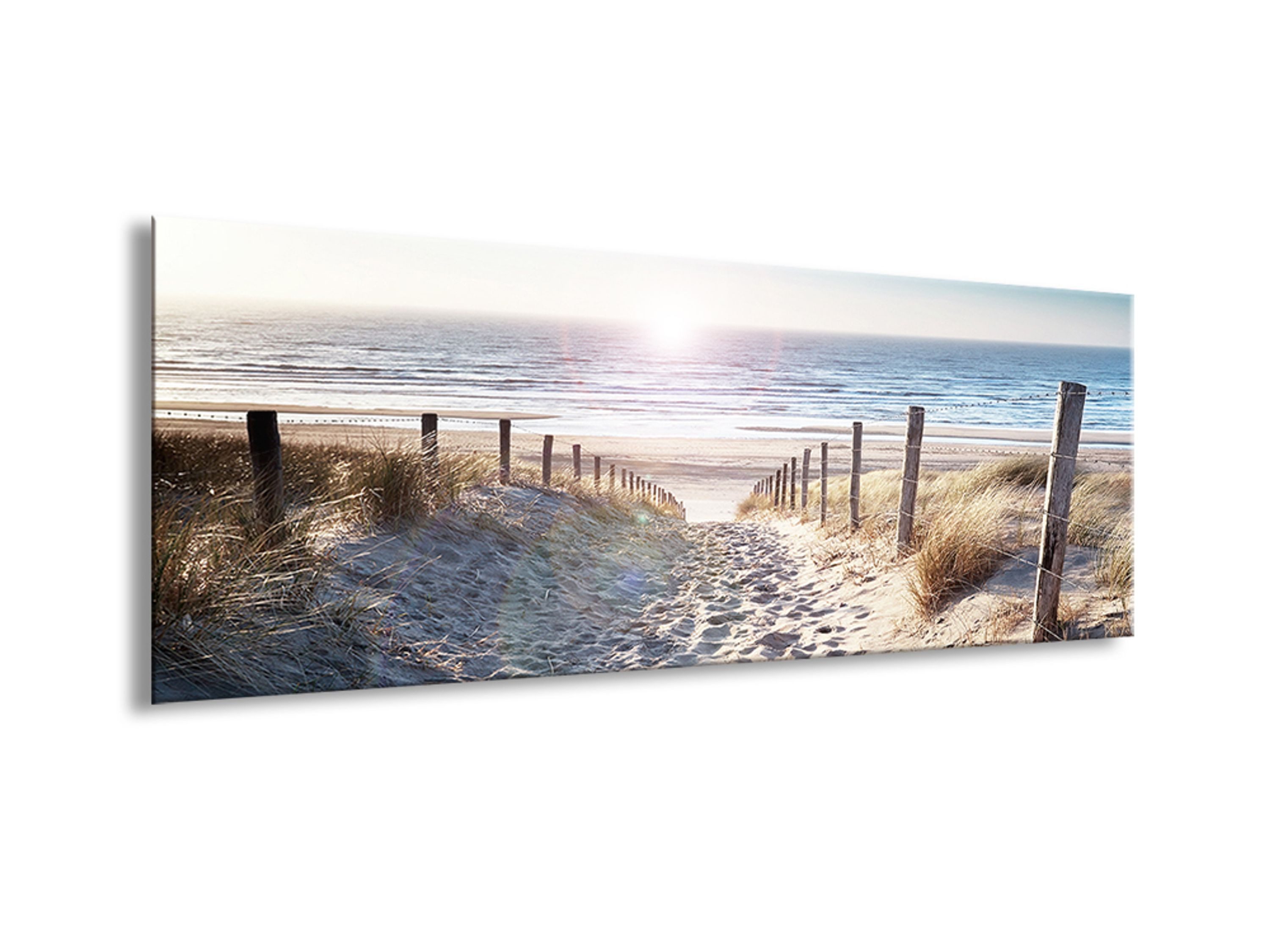 artissimo Glasbild Bild aus Glas 80x30 cm / Wandbild Querformat / Wanddeko modern, Strand und Meer: Dünenweg zum Meer in Sand-Blau