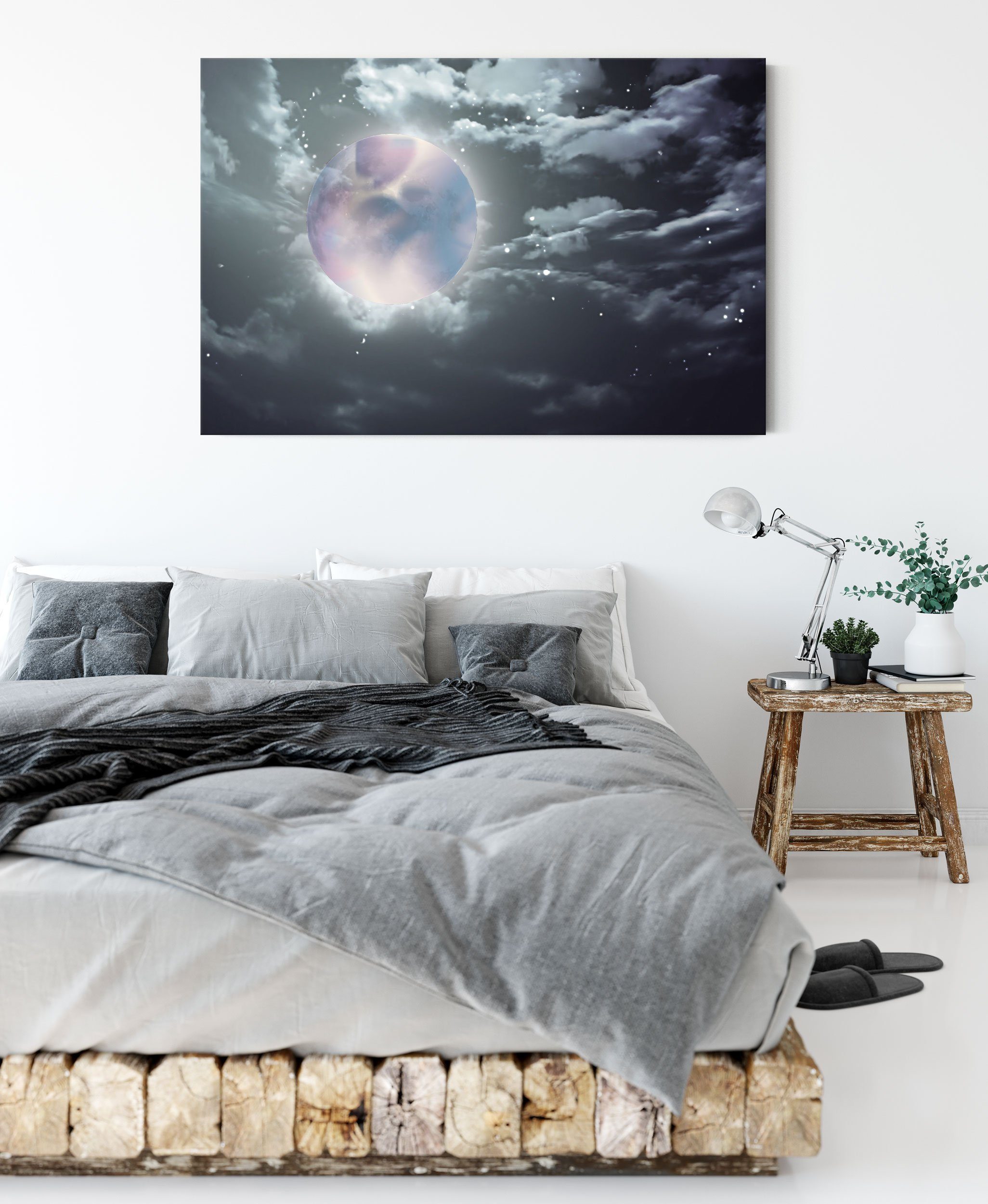 Vollmond (1 St), Wolken, Leinwandbild inkl. Vollmond fertig Sterne Wolken Leinwandbild Zackenaufhänger bespannt, Pixxprint Sterne