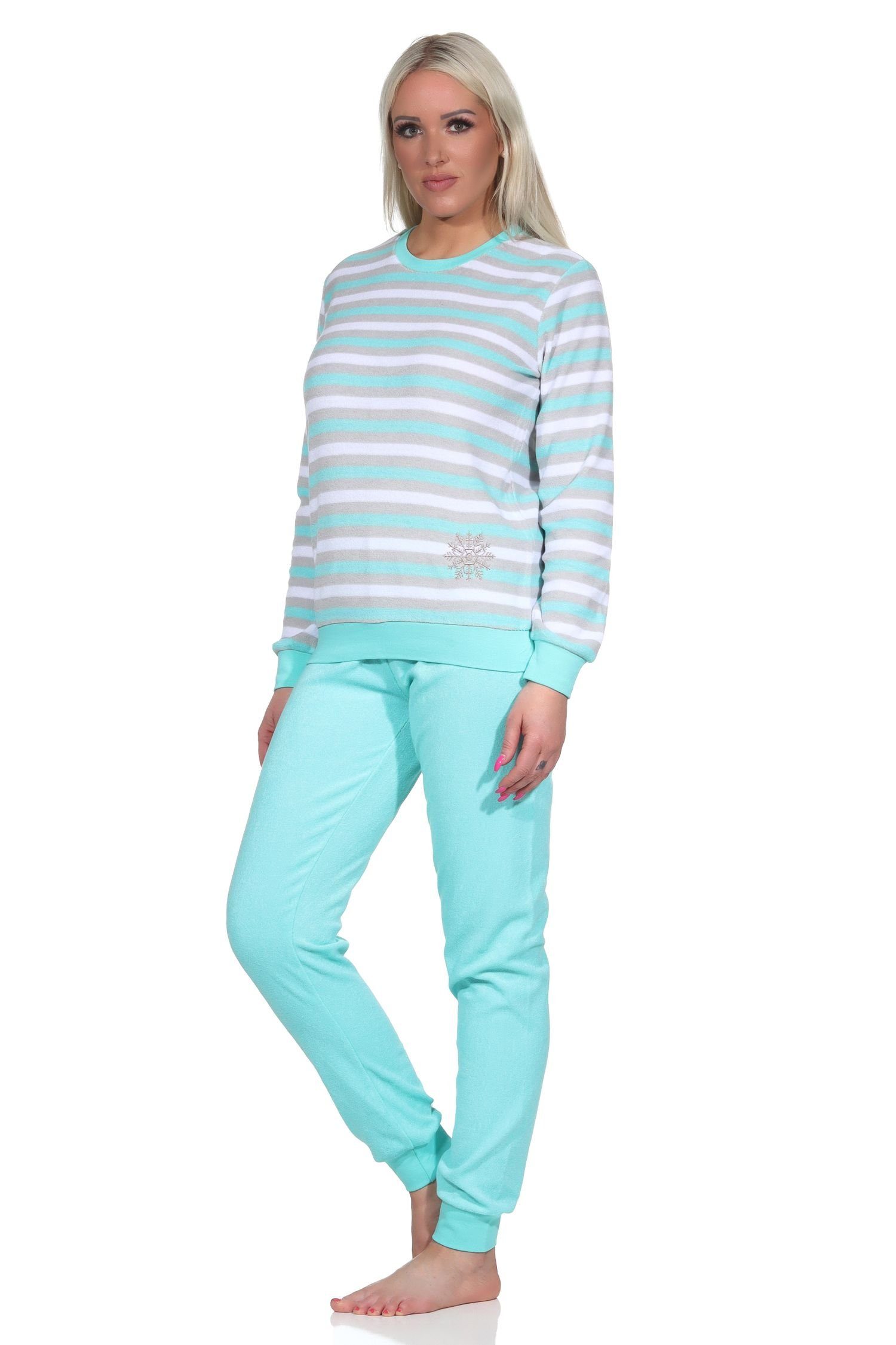 Normann Pyjama Damen Frottee Schlafanzug Pyjama in Ringel-Optik + Eiskristall-Motiv