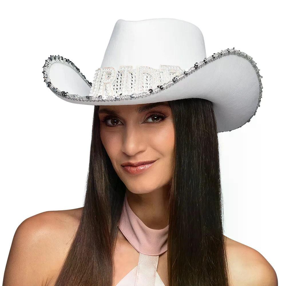 Boland Kostüm Bride Hut weiß stylischer Cowboyhut mit Glitzer 59 cm JGA Hochzeit, BRIDE funkelnd - Accessoire für Junggesellinnenabschied