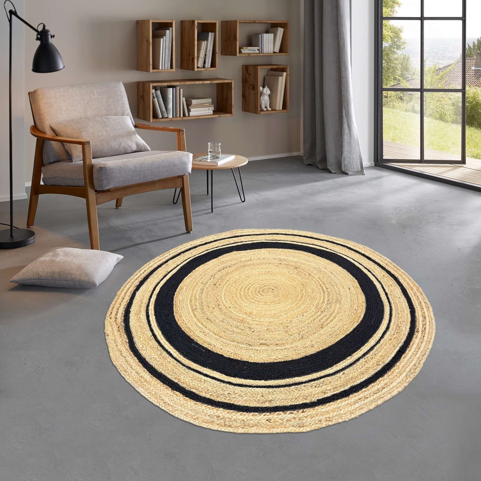 Teppich Jute Teppich Mani stripes rund Flachgewebe Boho Modern, TaraCarpet, rund, Höhe: 5 mm, Sisal optik Bordüre schwarz Wohnzimmer Esszimmer Flur 100x100 cm rund