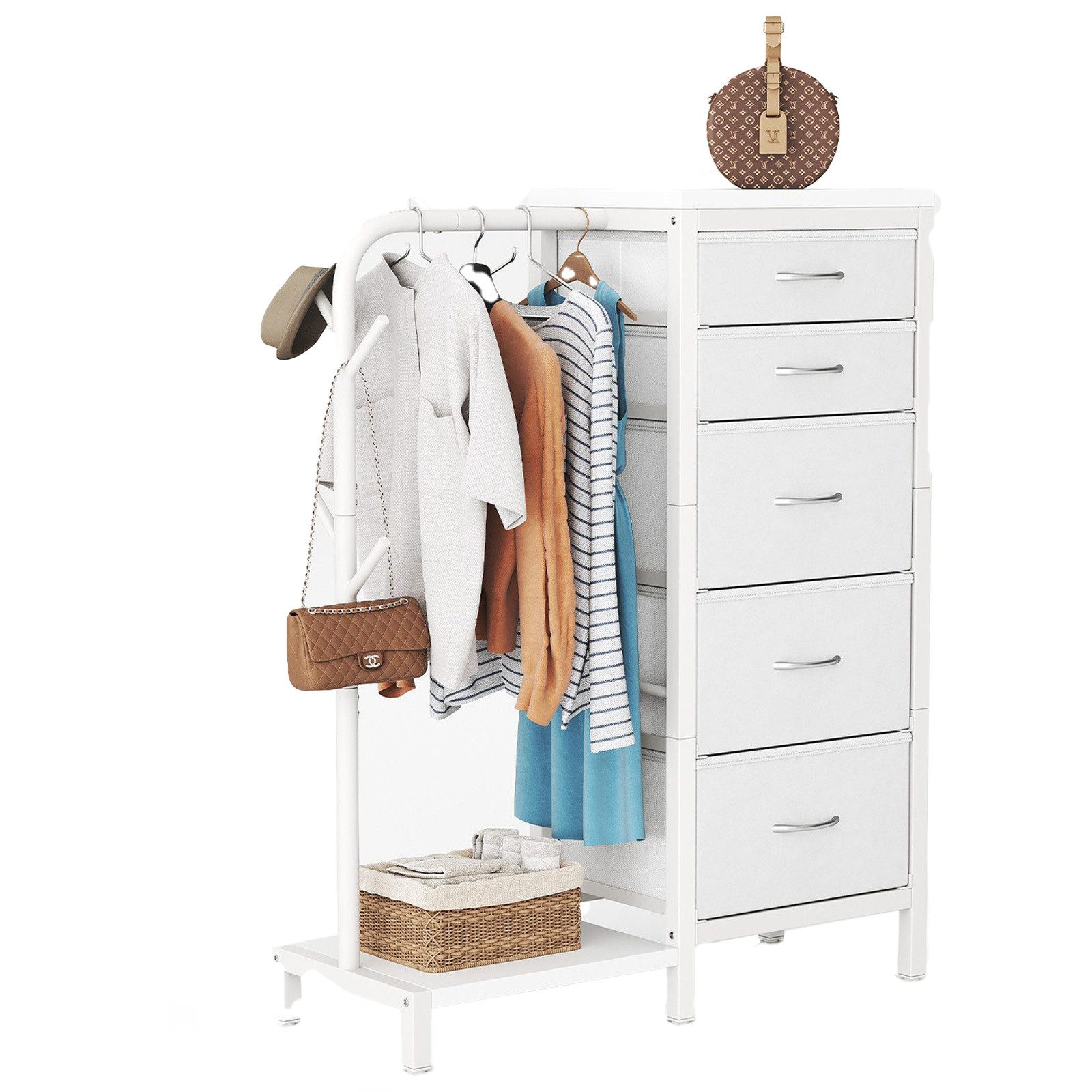 Patbrela Garderobenständer Garderobe mit 5 Stoff Schubladen, Kommodeschrank mit Kleiderstange, Stoffkommode für Schlafzimmer Wohnzimmer Flur Kinderzimmer