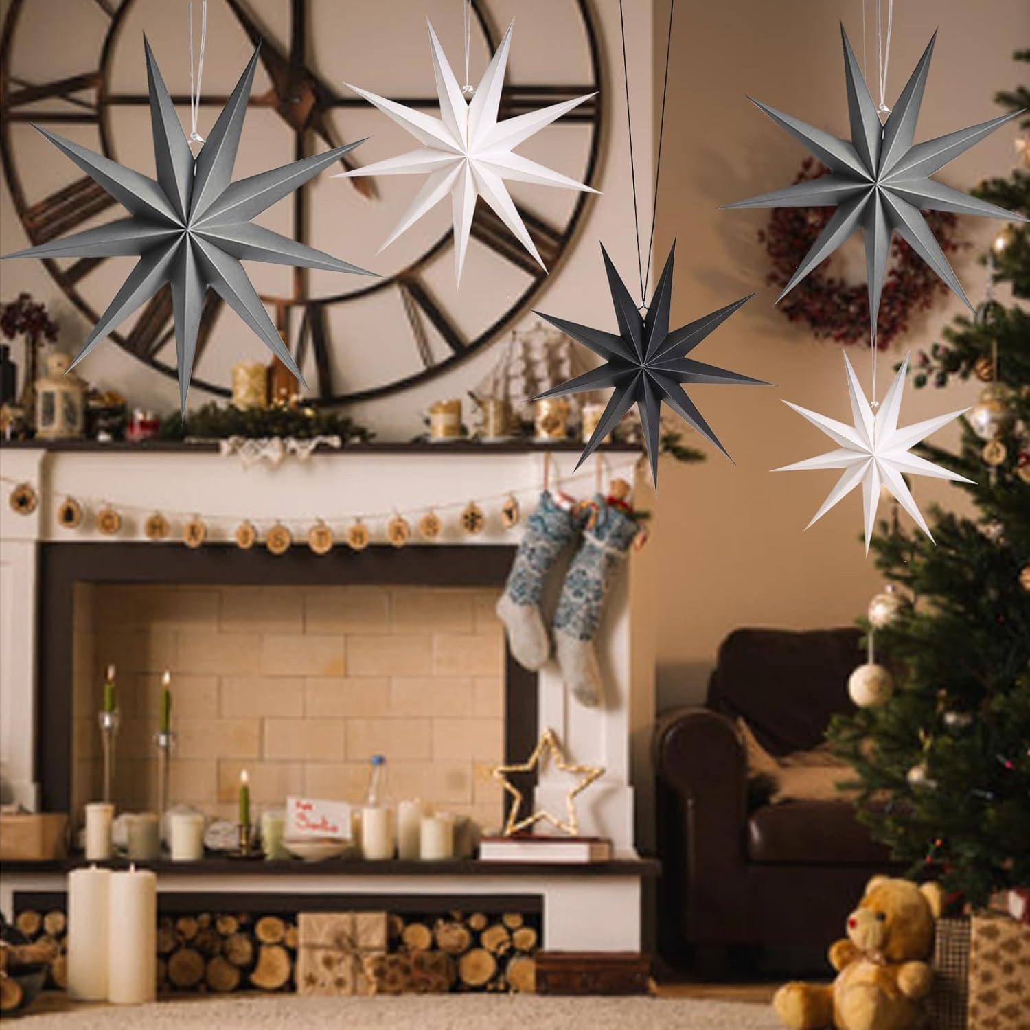 Holz Lichter Dekostern Papiersterne für Weihnachten 3×30 cm & 3×45 cm, Weiß günstig online kaufen