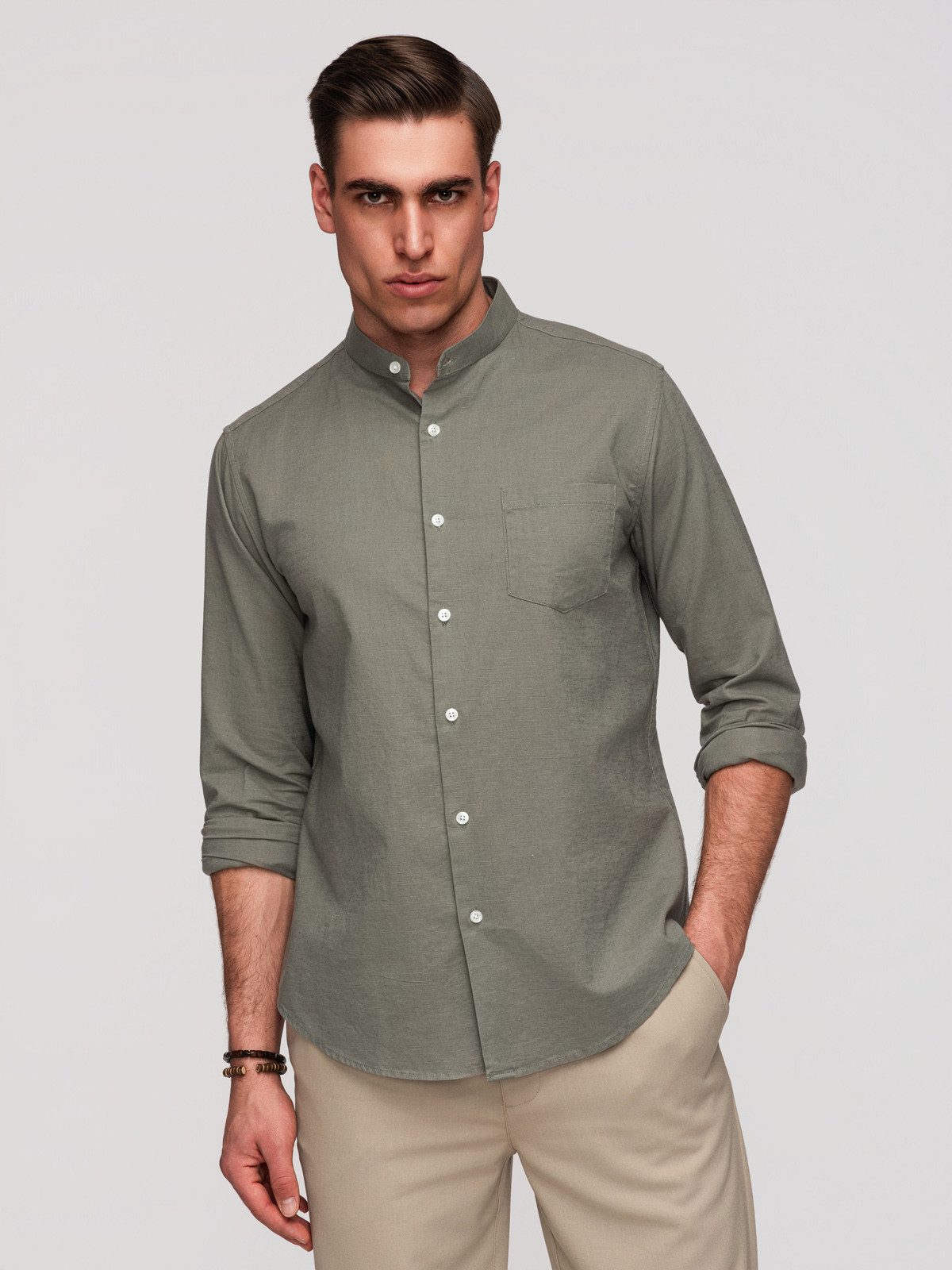OMBRE Langarmhemd Herren Leinenhemd Stehkragen Casual Khaki L (kein Set, 1-tlg) Stójka statt Kragen