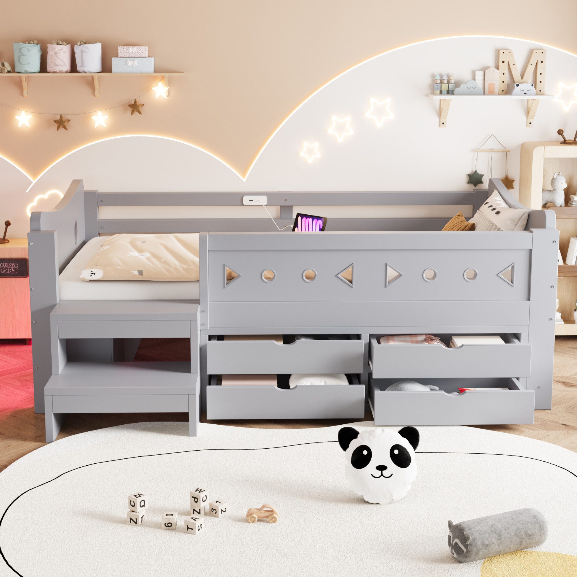 Merax Kinderbett 90×200cm mit LED-Beleuchtung und USB- & Typ-C-Anschluss (1-tlg., Einzelbett Hausbett aus Kiefernholz), Jugendbett mit 4 Schubladen, Sicherheits – Bild 3 von 5