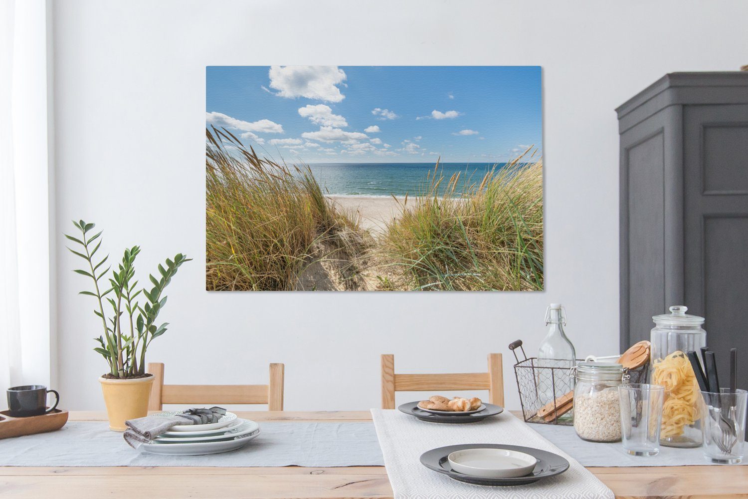 OneMillionCanvasses® Leinwandbild Düne - Gras XXL, St), (1 cm Strand, 120x80 alle Meer Gemälde, - Wohnbereiche, großes, Wandbild - für