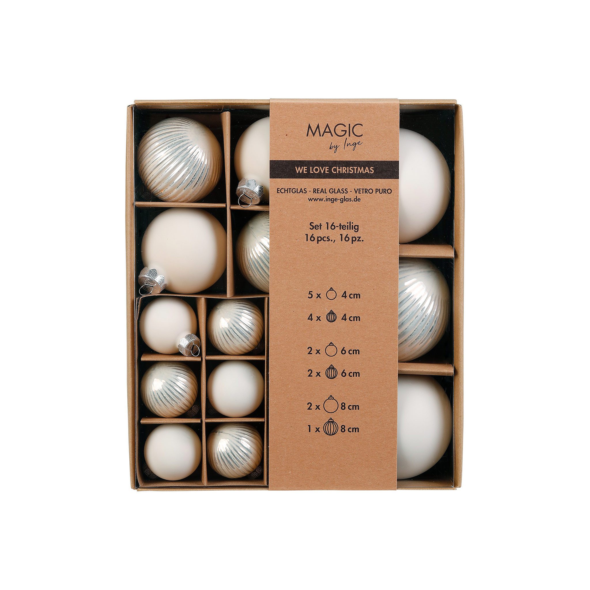 MAGIC by Inge Weihnachtsbaumkugel, Новогодние шары Glas 4-8cm Mix gerillt 16er Set - Blanched Almond