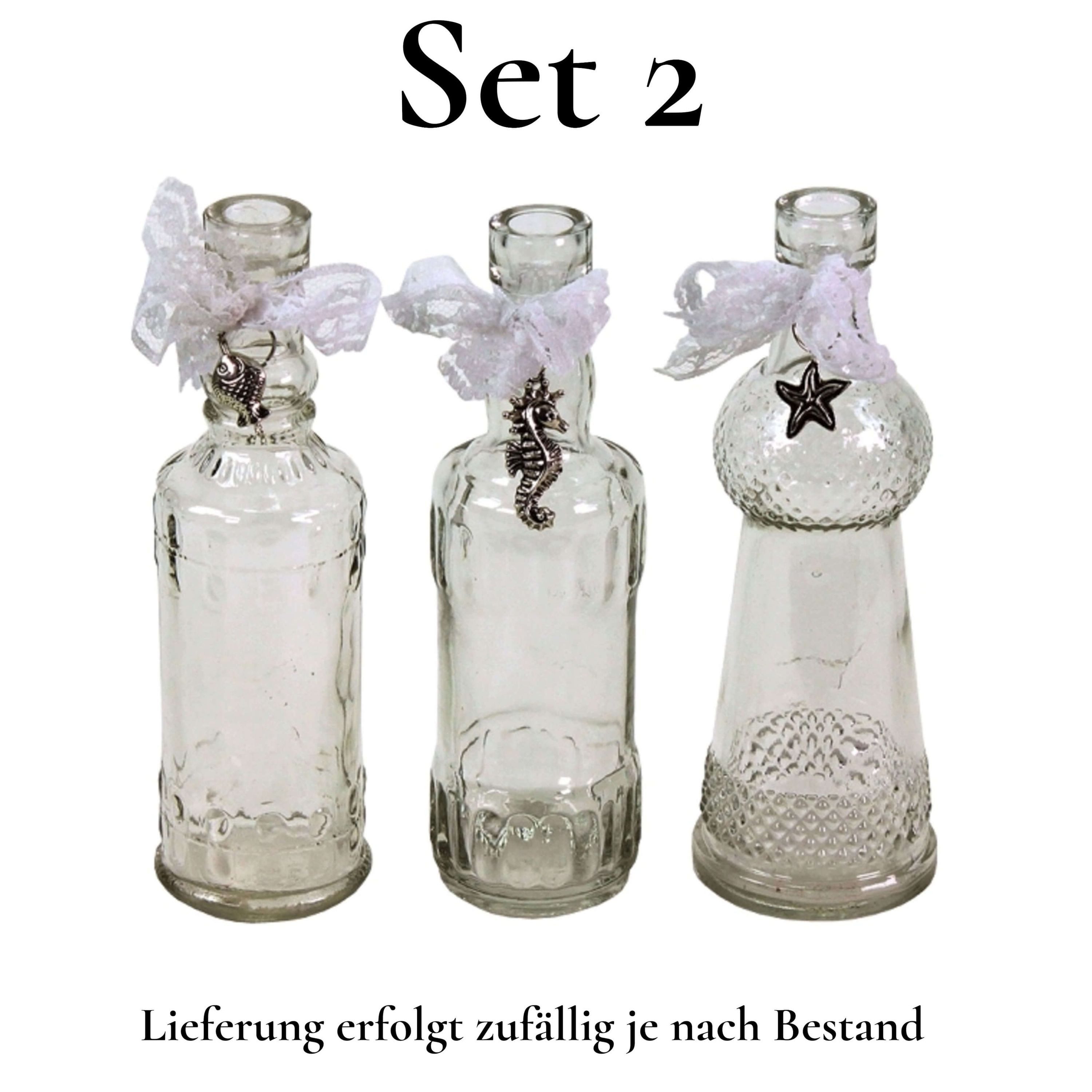Werner Voß Kugelvase 3er Satz Glas Flaschen Vasen maritim H=17 cm silber Anhänger Deko (3er Set)