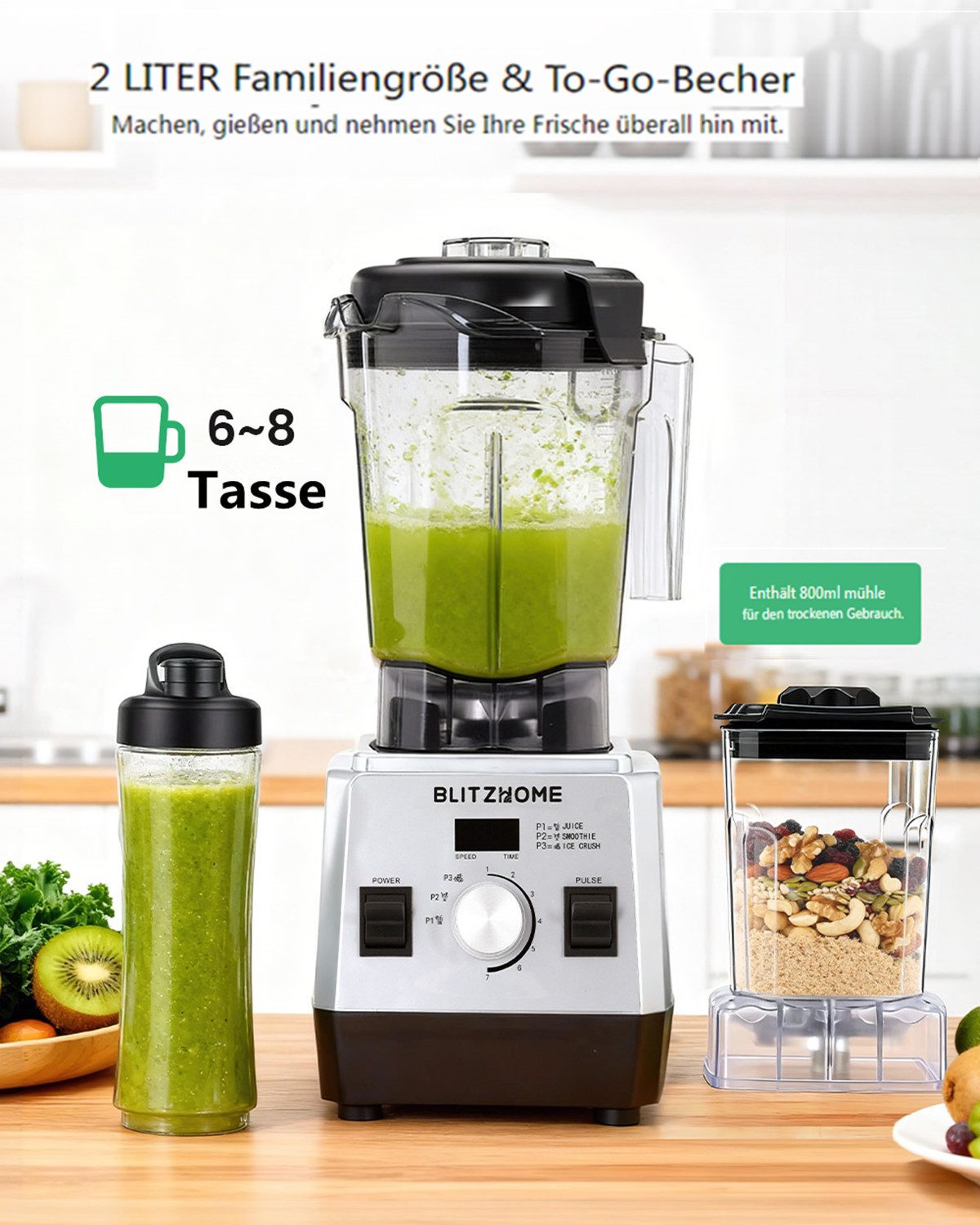 BLiTZWOLF Standmixer 7 Gang Mixer Smoothie Maker für Püree,Ice Crush, 1600 W, 3 Programme 25000 U/min mit Reisebecher und 2 L Mixer