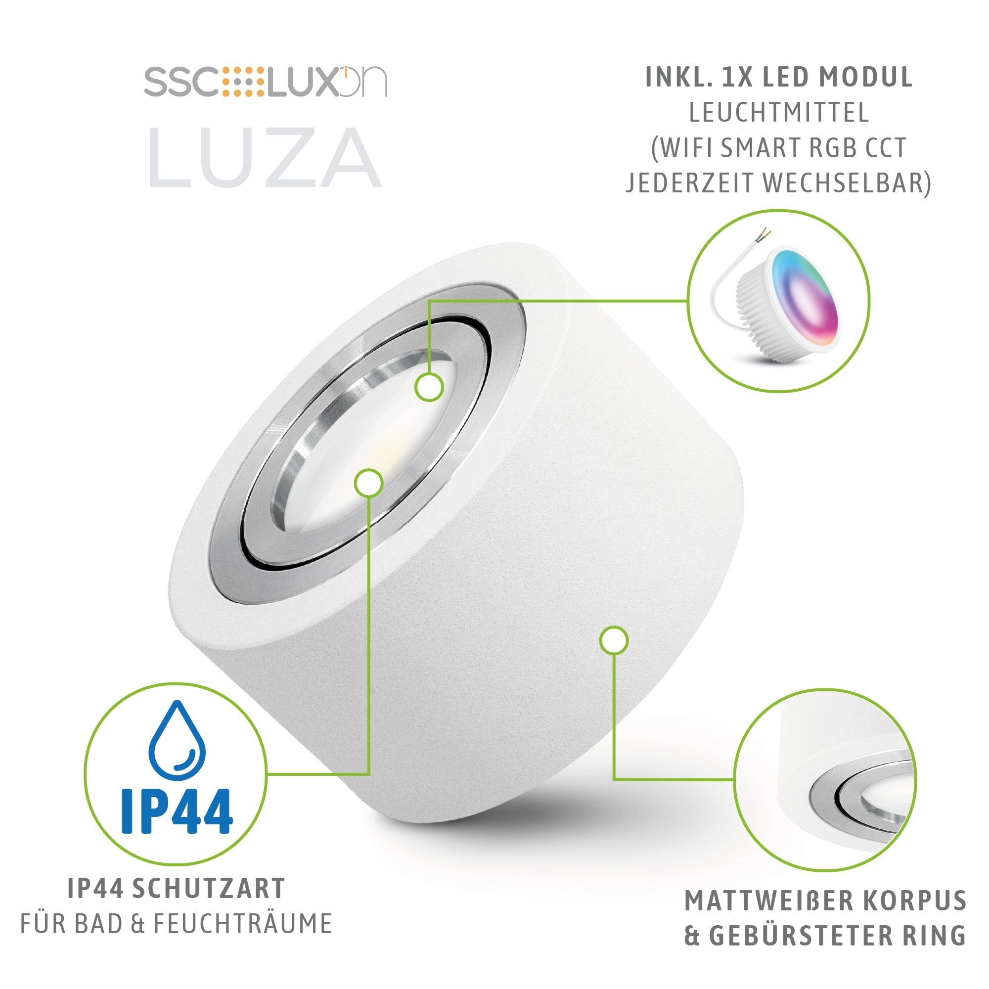 SSC-LUXon Aufbauleuchte LUZA Bad Aufbauleuchte rund RGB LED, RGB mit CCT IP44 weiss flach WiFi
