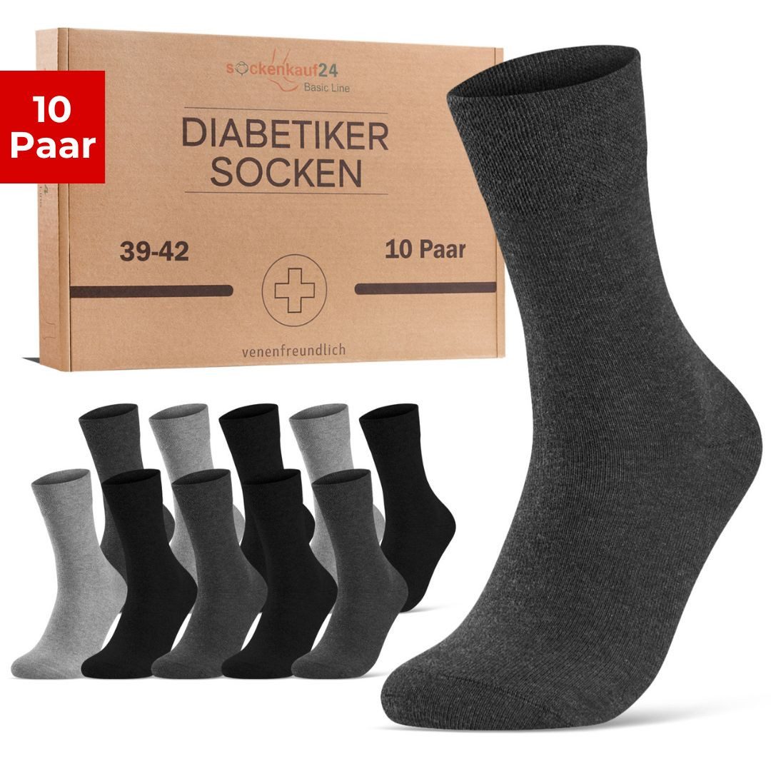 sockenkauf24 Diabetikersocken ohne Gummibund & ohne Naht aus Baumwolle (10-Paar) Diabetiker Socken mit Komfortbund ohne Gummi für Damen & Herren