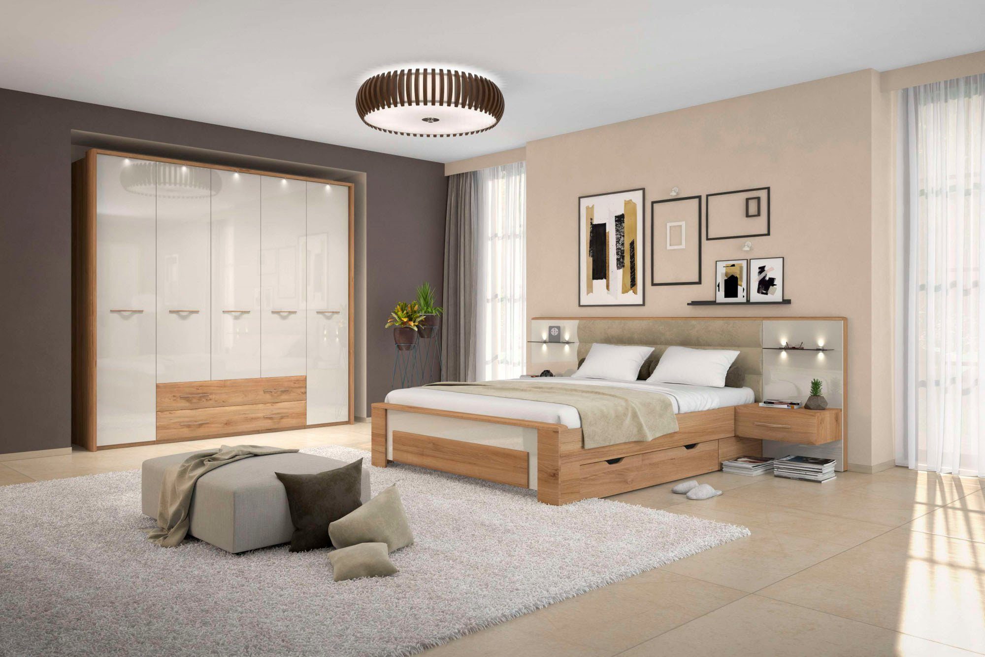 OTTO home Nachtkonsole Gala, beige hochglänzend UV lackiert und melaminbeschichtet, kratzfest (Schublade mit Soft-Close-Funktion, 56x47x100cm (BxTxH), mit Beleuchtung,wahlweise rechte oder linke Bedienung,FSC-zertifiziert