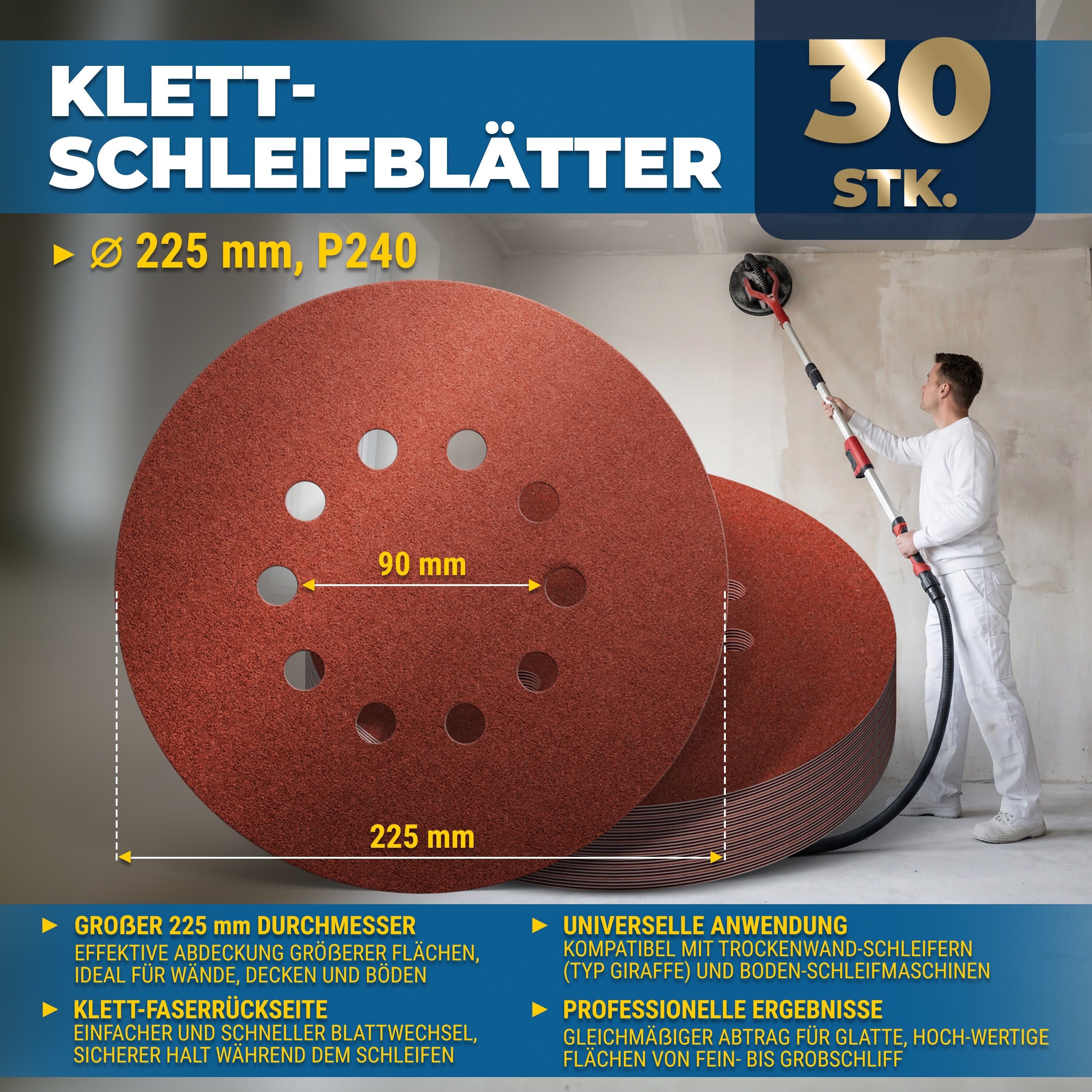 S&R Schleifpapier S&R Schleifpapier 225mm Klett P240, 10 Loch, Schleifgiraffe, 30-tlg, (Set, 10 St), für Exzenterschleifer & Langhalsschleifer für Wand, Decke,  – Bild 2 von 5