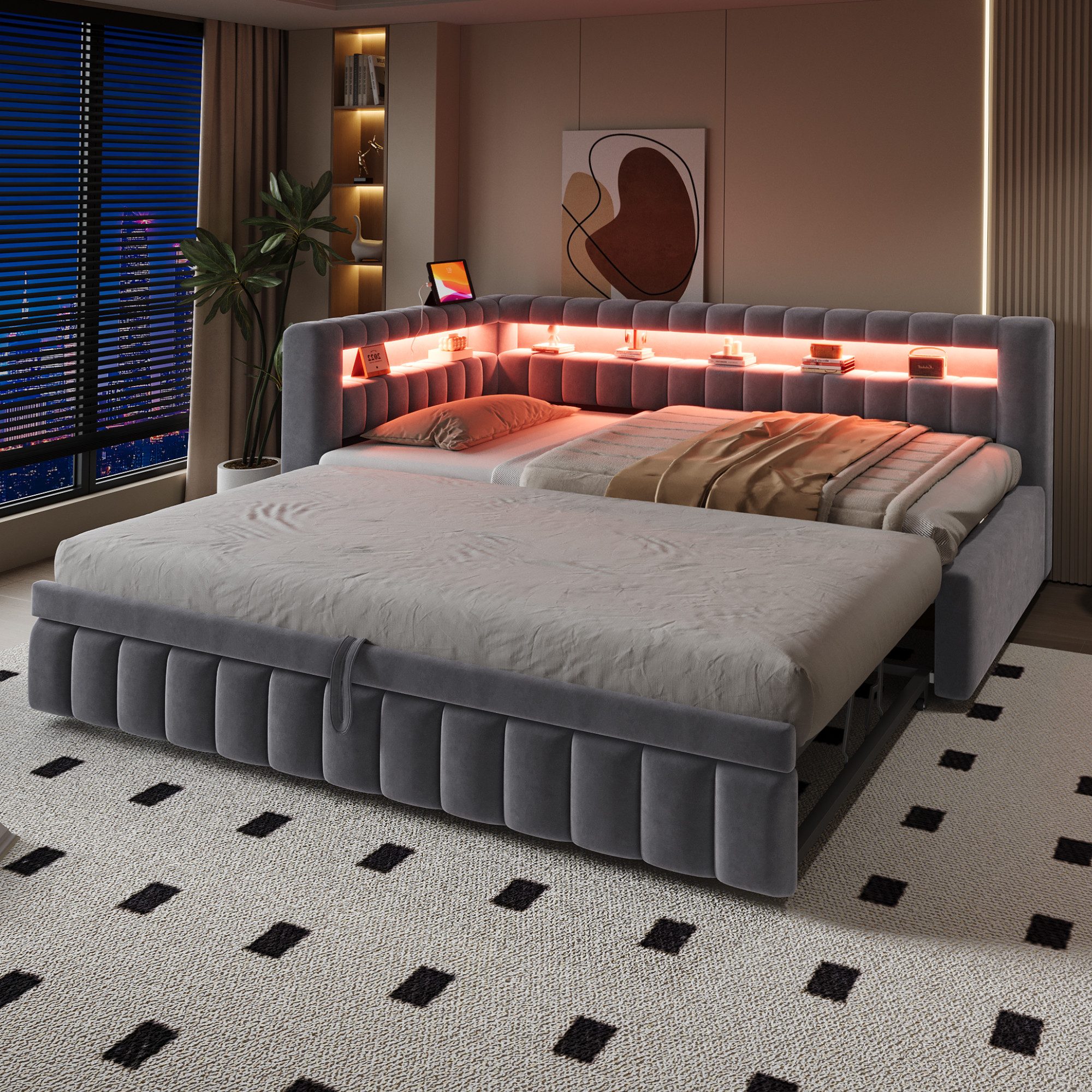 Merax Daybett mit LED-Beleuchtung und Ladeanschluss (Tagesbett Schlafsofa Sofabett Kinderbett, 1 tlg), Polsterbett 90x200cm mit Ausziehbett 90x190cm & Ablagefac – Bild 4 von 5