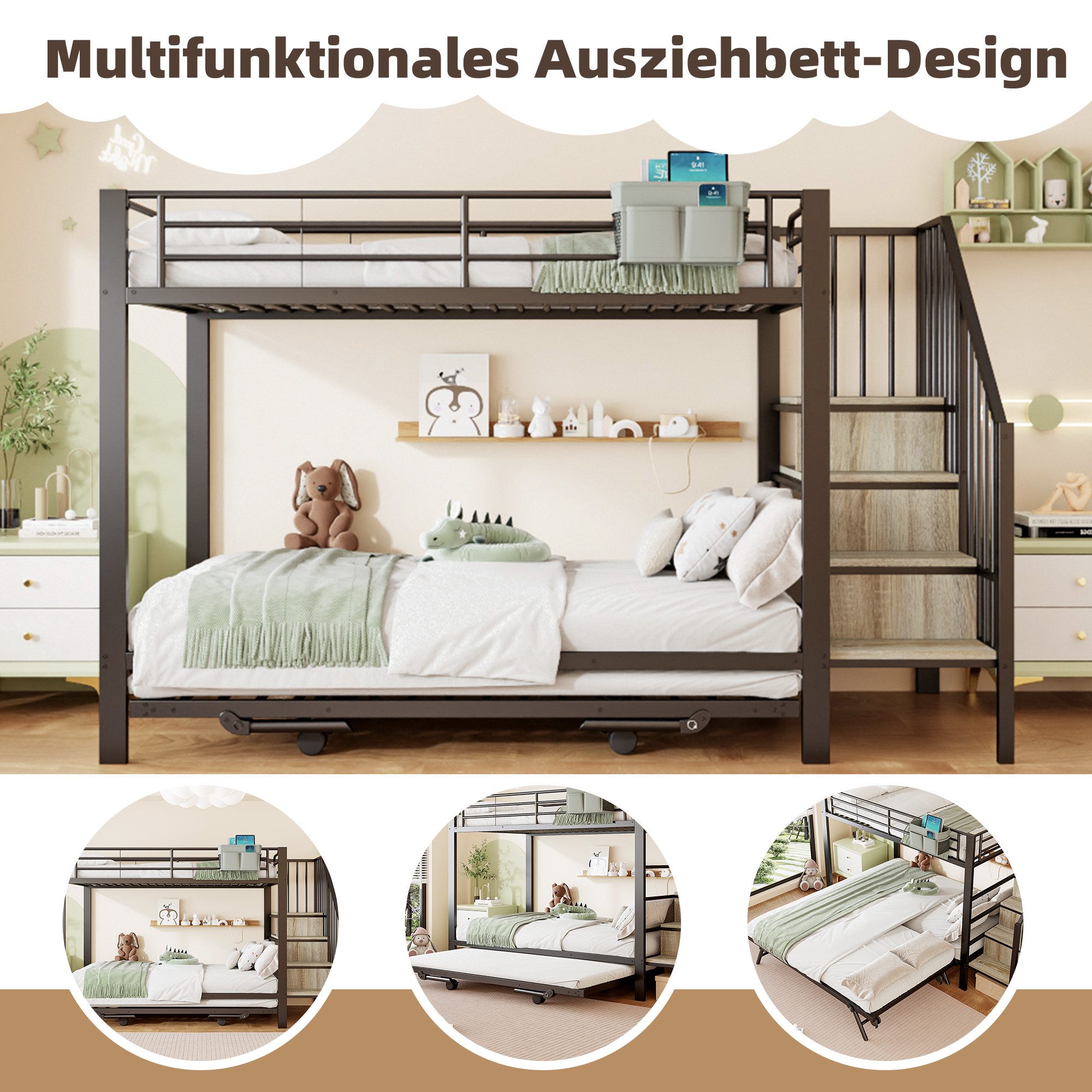 REDOM Etagenbett mit ausziehbarem Zusatzbett 180 x 200 cm (Stauraumtreppe und Stofftaschen, Metallbett Gästebett, 90 x 200 cm & 180 x 200 cm), ohne Matratze