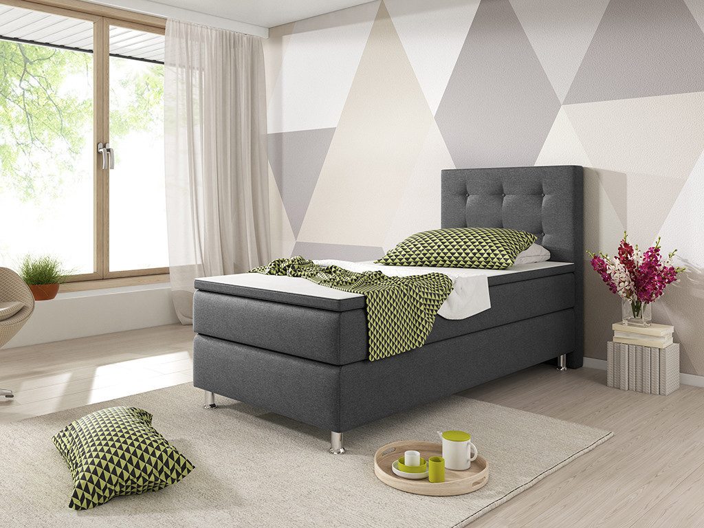 inter Boxspringbett Köln 90x200 cm Webstoff (90x200 cm, Anthrazit mit Tonnentaschenfederkernmatratze inkl. Topper)