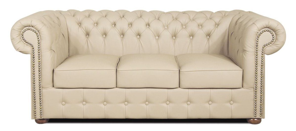 Casa Padrino 3-Sitzer Echtleder 3er Sofa Creme 200 x 90 x H. 78 cm - Luxus Chesterfield Sofa