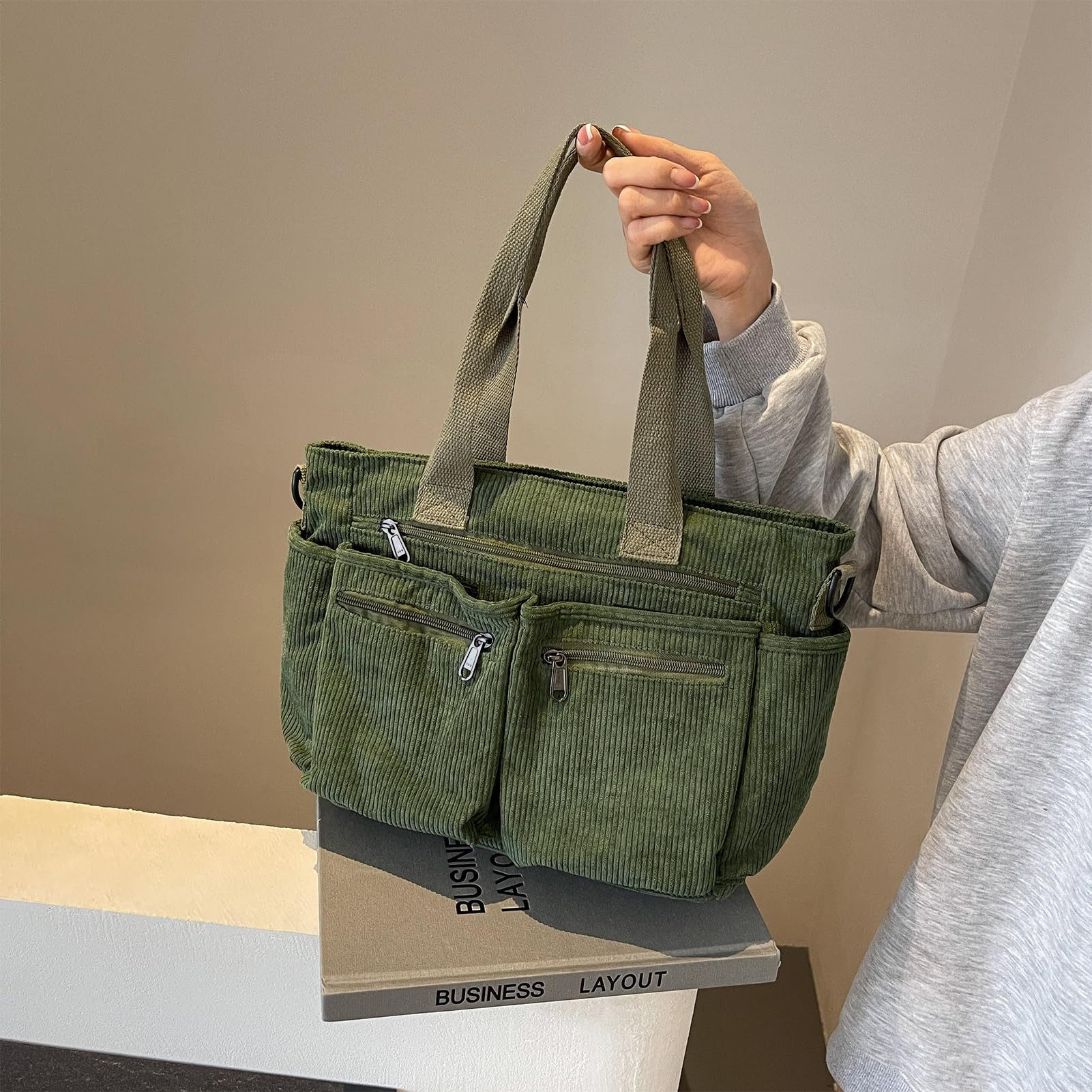 nsihing Schultertasche Cordtasche für Damen, große Tragetasche, Kuriertasche, mehrere Taschen, Handtasche für Arbeit, Schule, Reisen – Bild 3 von 5