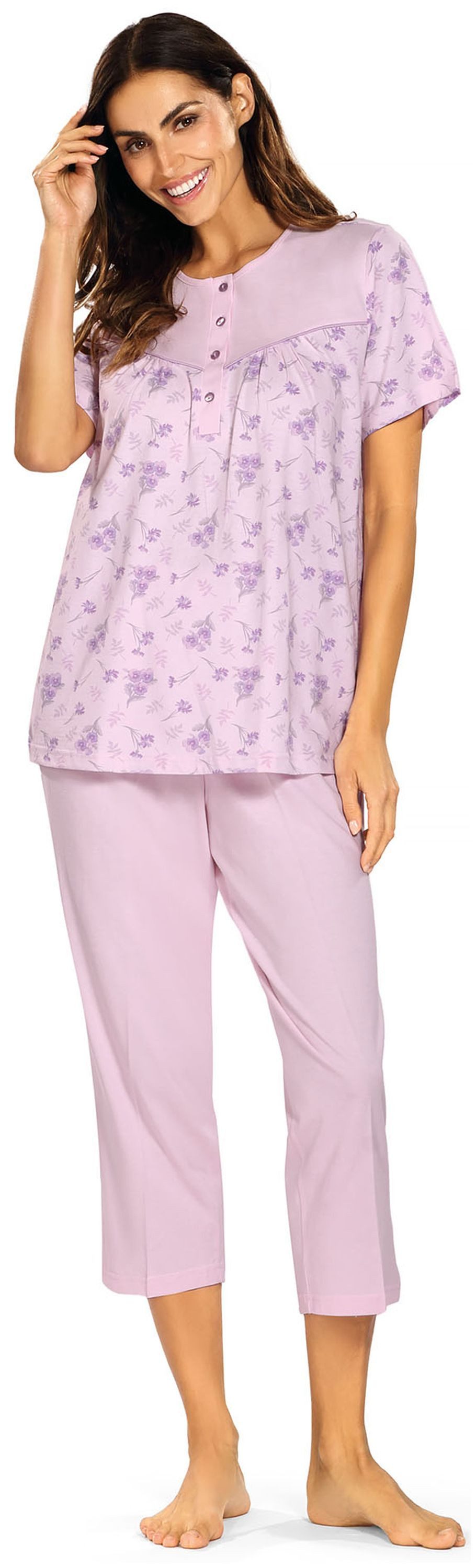 comtessa Schlafanzug (Set, 2 tlg., 2-teilig) Damen Pyjama 2-teilig Baumwolle Capri-Hose Blumen