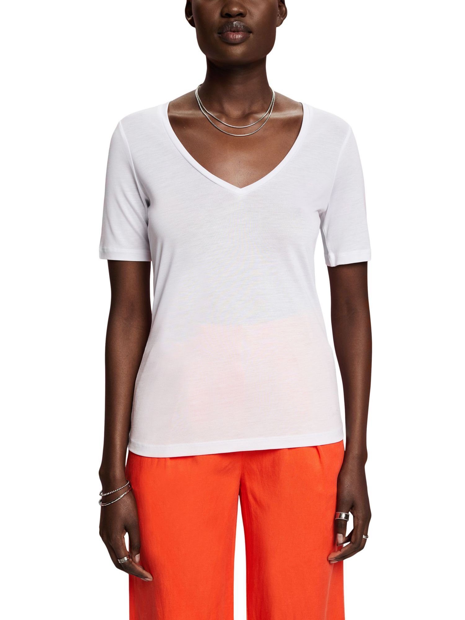 Esprit mit V-Ausschnitt, (1-tlg) T-Shirt WHITE T-Shirt Collection TENCEL™