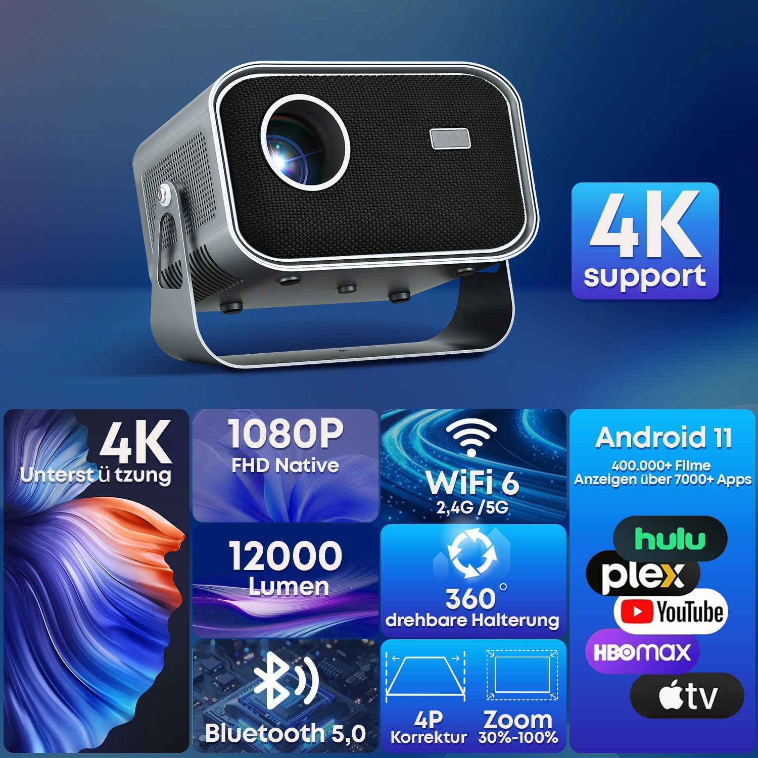 CkeyiN LCD-Beamer 4K 1080P Projektor unterstützt Netflix Youtube LCD-Beamer (12000 lm, 1280×720 px, Autofokus Beamer Augenschonender Projektor Wifi 2,4G 5G Android 11) schwarz
