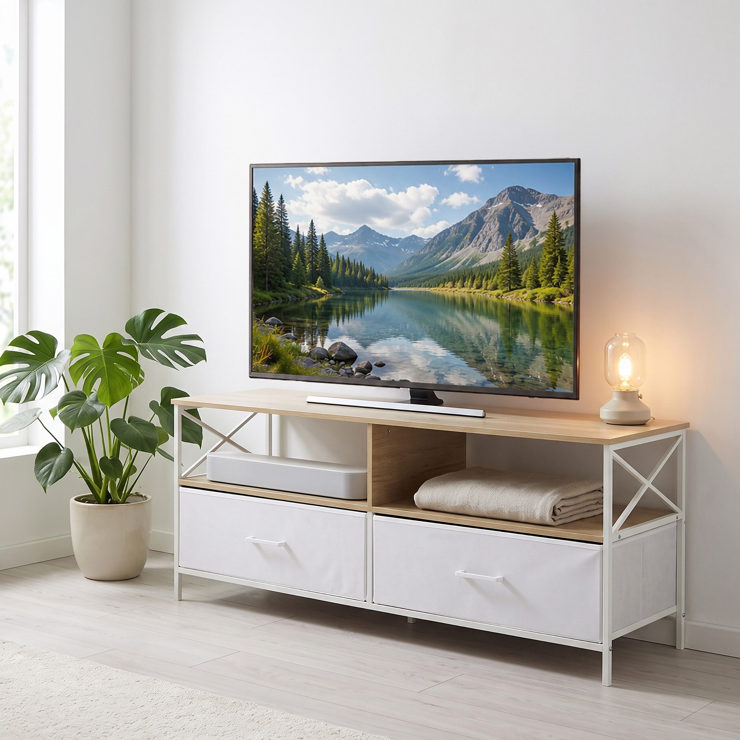 relaxdays Lowboard TV Lowboard mit Stauraum (1 St), Holzoptik-Weiß, 120 cm – Bild 2 von 5
