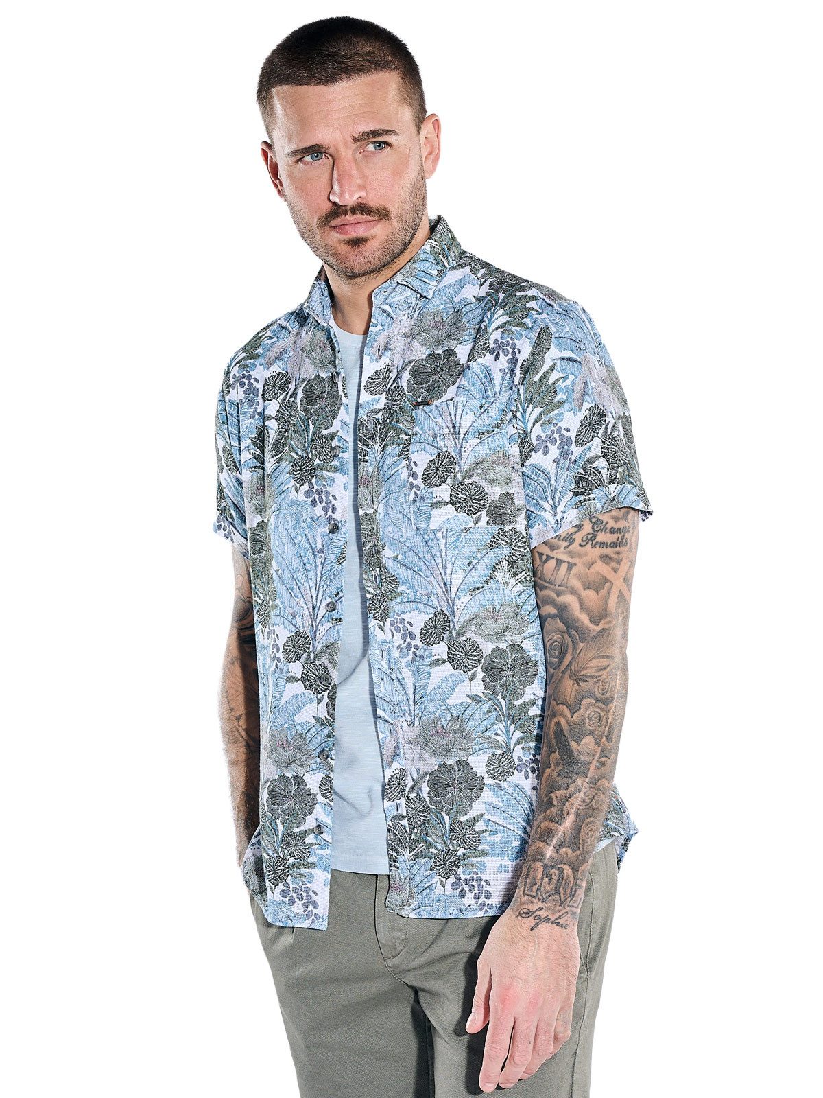 emilio adani Kurzarmhemd Herren Kurzarmhemd aus Baumwolle mit botanischem Print, Khaki