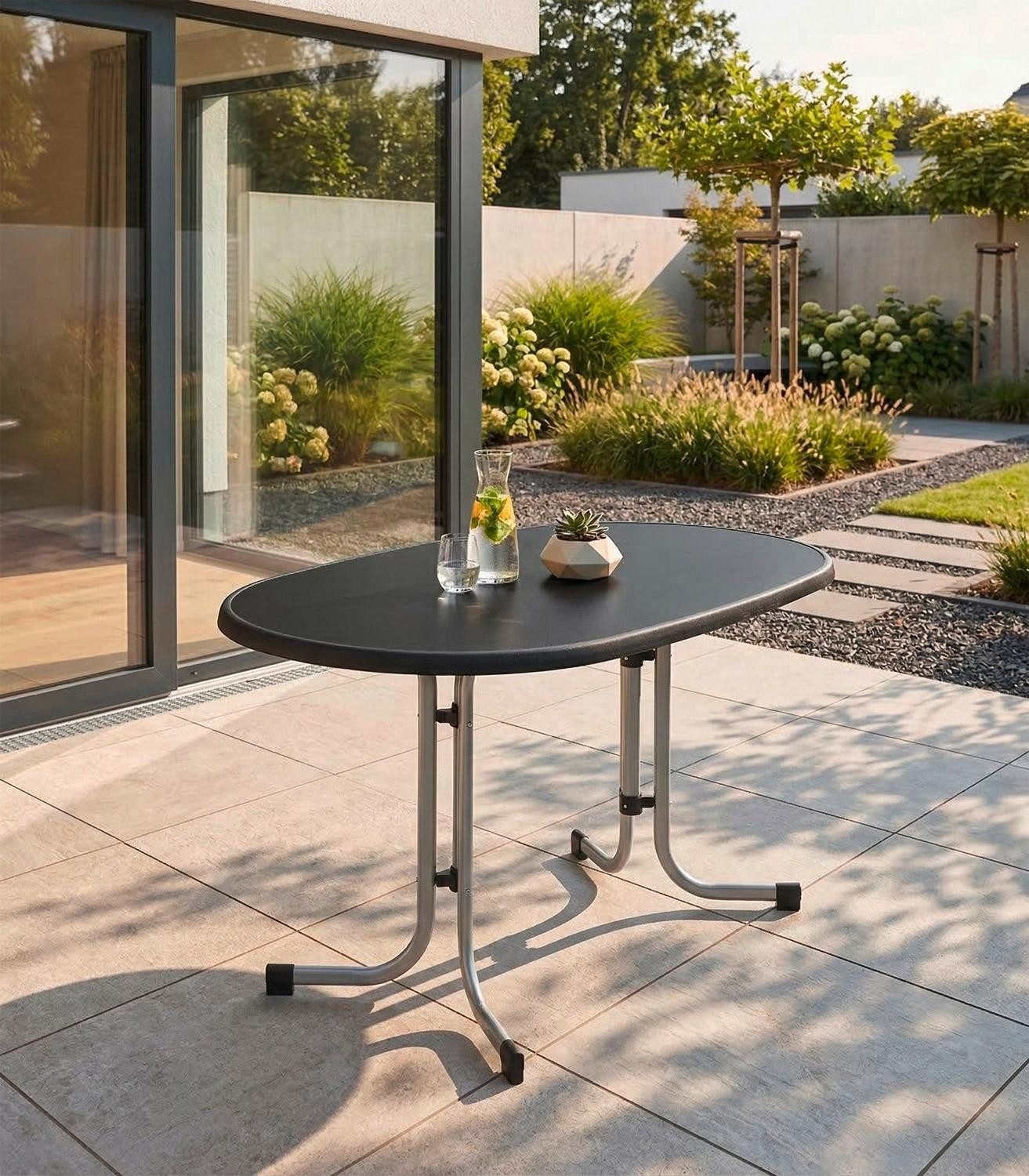 Sieger Gartenmöbel Gartentisch MECALIT, Klappbar, B 140 x T 90 cm, Graphitfarben, Schieferfarben, Metall, Tischplatte aus Mecalit