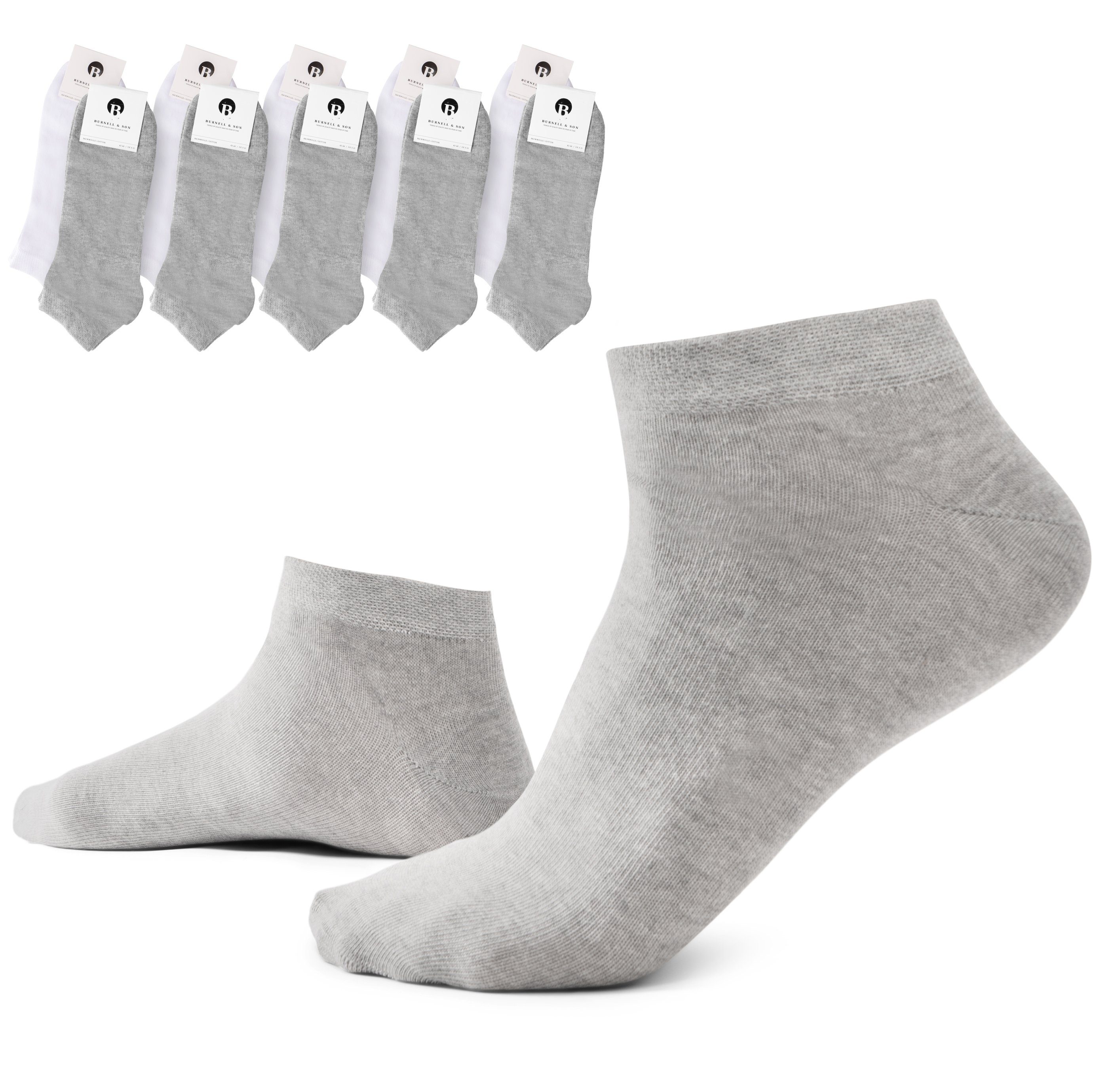 Burnell & Son Sneakersocken Sneaker Socken für Herren & Damen (Beutel, 10-Paar) mit Komfortbund aus Baumwolle 5x Grau 5x Weiß