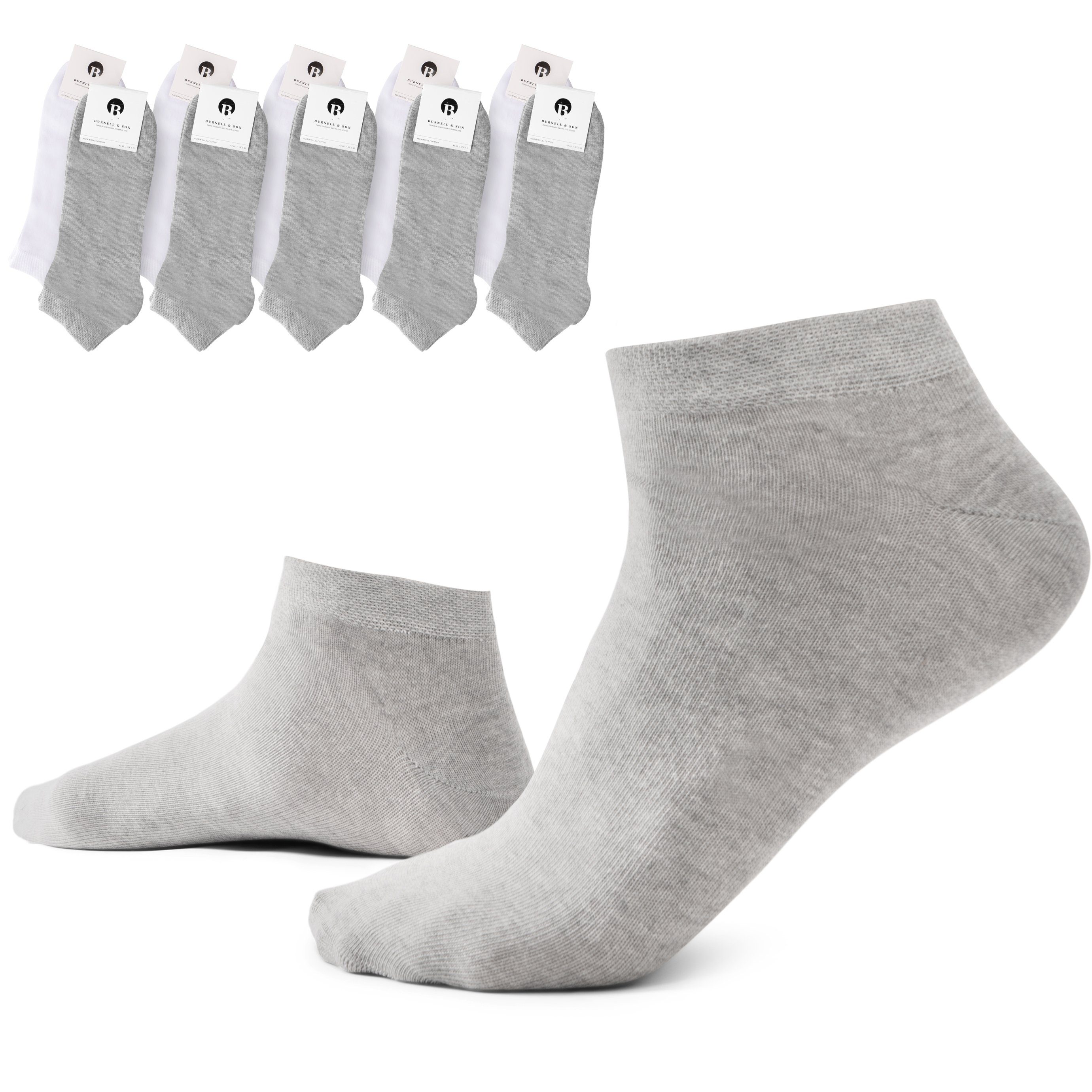 & Damen Komfortbund Baumwolle Socken Herren Grau (Beutel, Son Weiß Sneakersocken aus 5x mit für 5x 10-Paar) Burnell & Sneaker