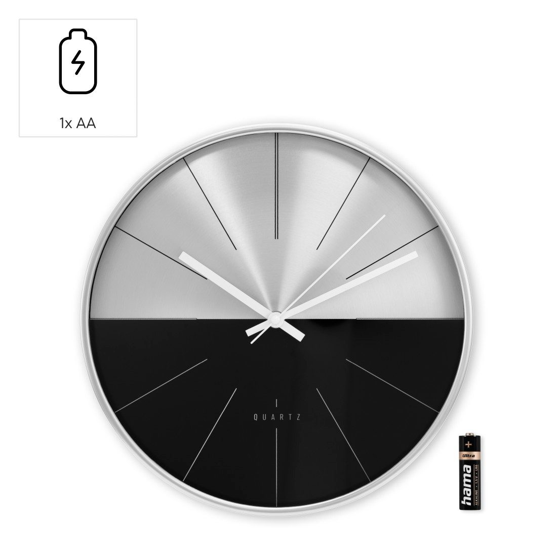 Hama Wanduhr Uhr "Sizilien, Ø 30 cm, ohne Ticken, Schwarz/Silber (geräuscharm)