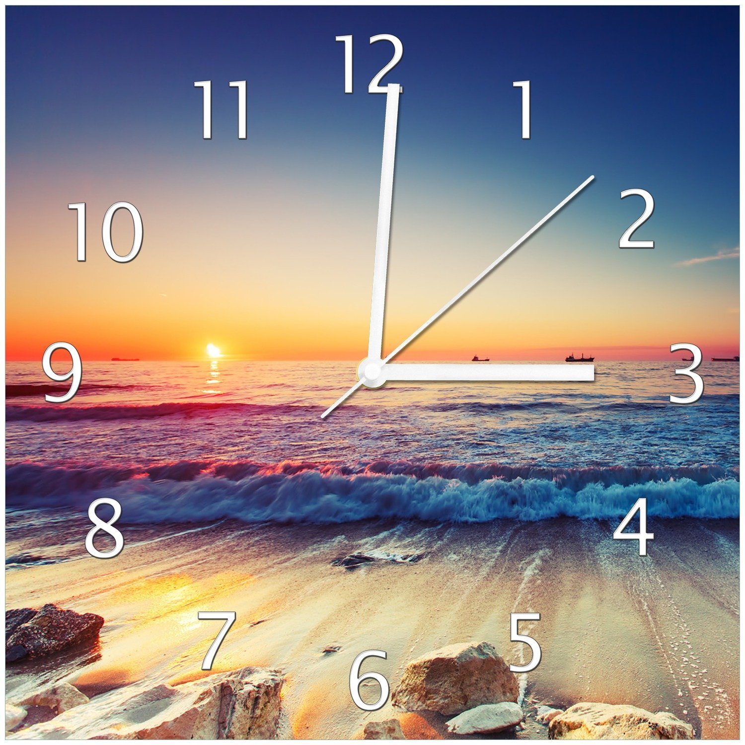 Wallario Wanduhr Sonnenuntergang am Meer mit Wellen am Strand (Glasuhr)