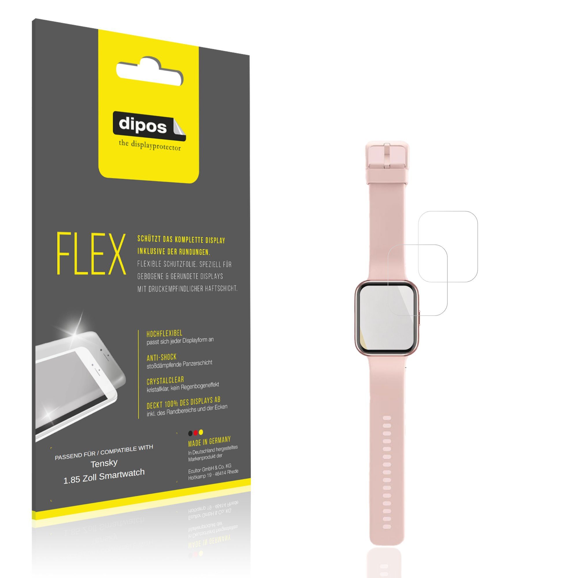 dipos Displayschutzfolie Schutzfolie für Tensky 1.85 Zoll Smartwatch, 2 Stück, Displayschutz Schutz Folie Made in Germany