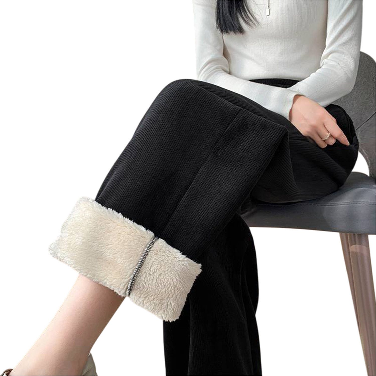 Refttenw Thermohose Damen Freizeithose mit Flauschfutter - Warme Weites Bein Hohe Taille Kordelzug Sweathose mit 2 Taschen, Elastischer Bund