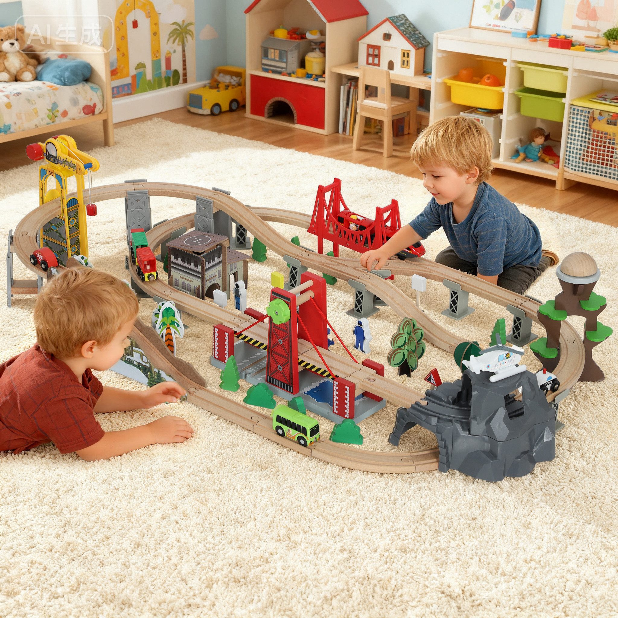 AIYAPLAY Spielzeugeisenbahn-Set mit Elektrische Lok, Zügen, Grundplatte, Schienen, Kran Brücke, Spur 680, (Eisenbahn Set, 100-tlg., Holzeisenbahn), für Kleinkinder ab 3 Jahren Spielzeug für Kinder Jungen und Mädchen