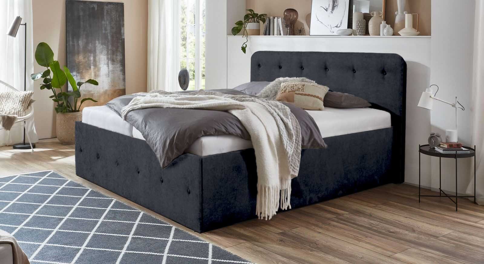 Halmon Schlafkomfort Betten Bett Luxi, Schöne Kopfteilpolsterung mit Knopfheftung und eine Höhe von 100 cm Anthrazit