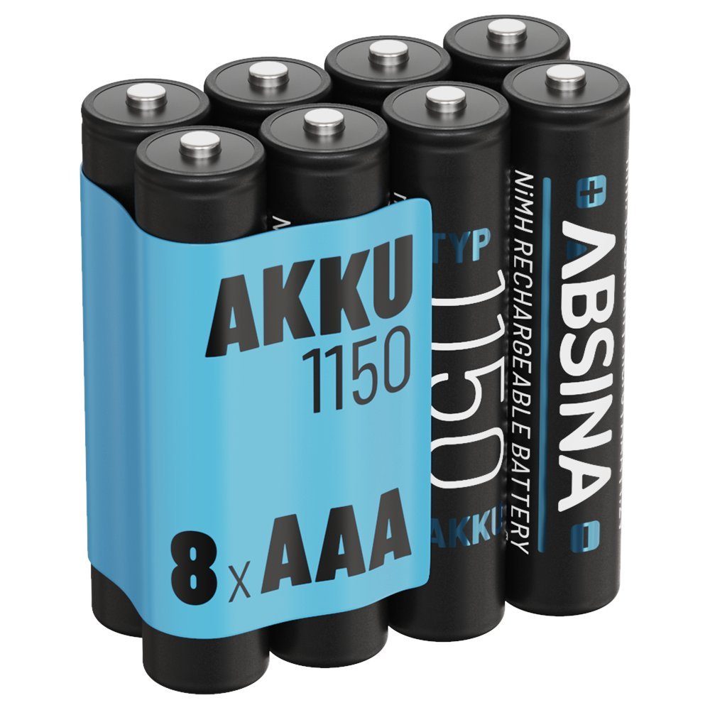 ABSINA Akku AAA Micro 1150 8er Pack - NiMH Wiederaufladbarer AAA Akku mit min. 1050mAh & 1,2V - Akkus AAA für Geräte mit hohem Stromverbrauch - AAA Akkus ideal für Telefon Akku 1050 mAh (1.2 V)