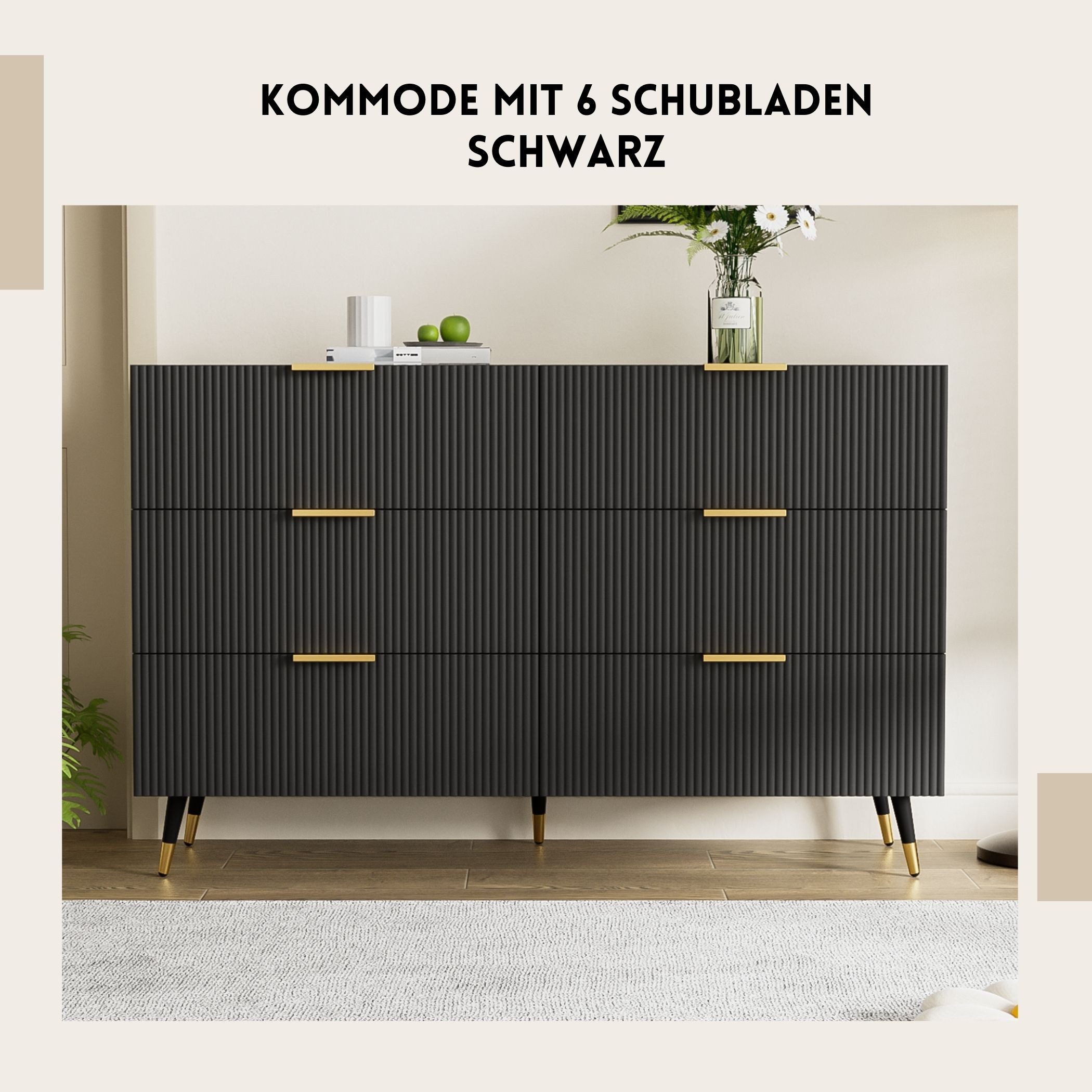 SeedWave Kommode mit 6 Großen Schubladen, Vertikales Wellenmuster mit Goldenen Akzenten, einfache Reinigung, Anti-Kipp-Design, Modernes Luxusdesign