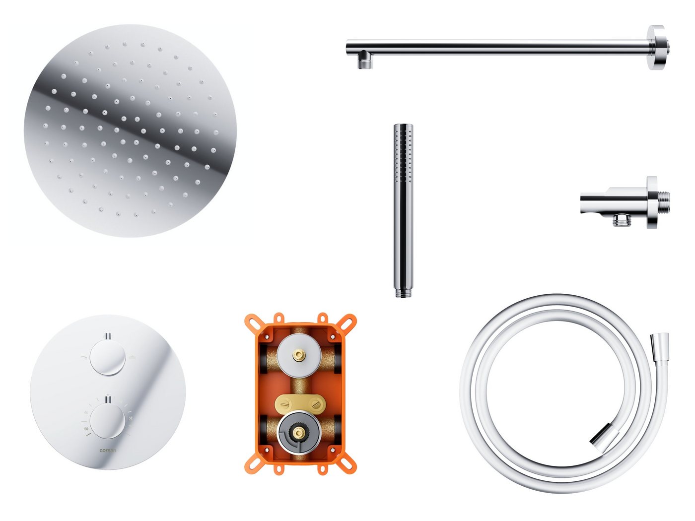 Thumbnail - KOLMAN Stangenbrause-Set LUGO Komplettes Unterputz Duschsystem Thermostatisch in Chrom, Höhe 18 cm