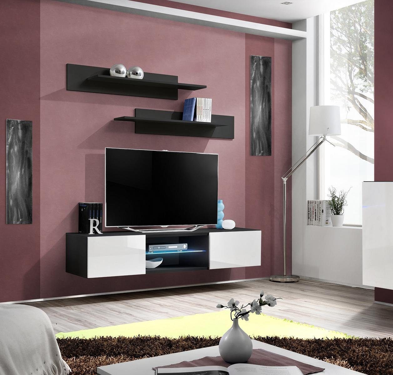 JVmoebel Wohnwand Moderne Wohnzimmermöbel Schwarz Wandregale TV Ständer Designer, Made in Europa | Wohnwände