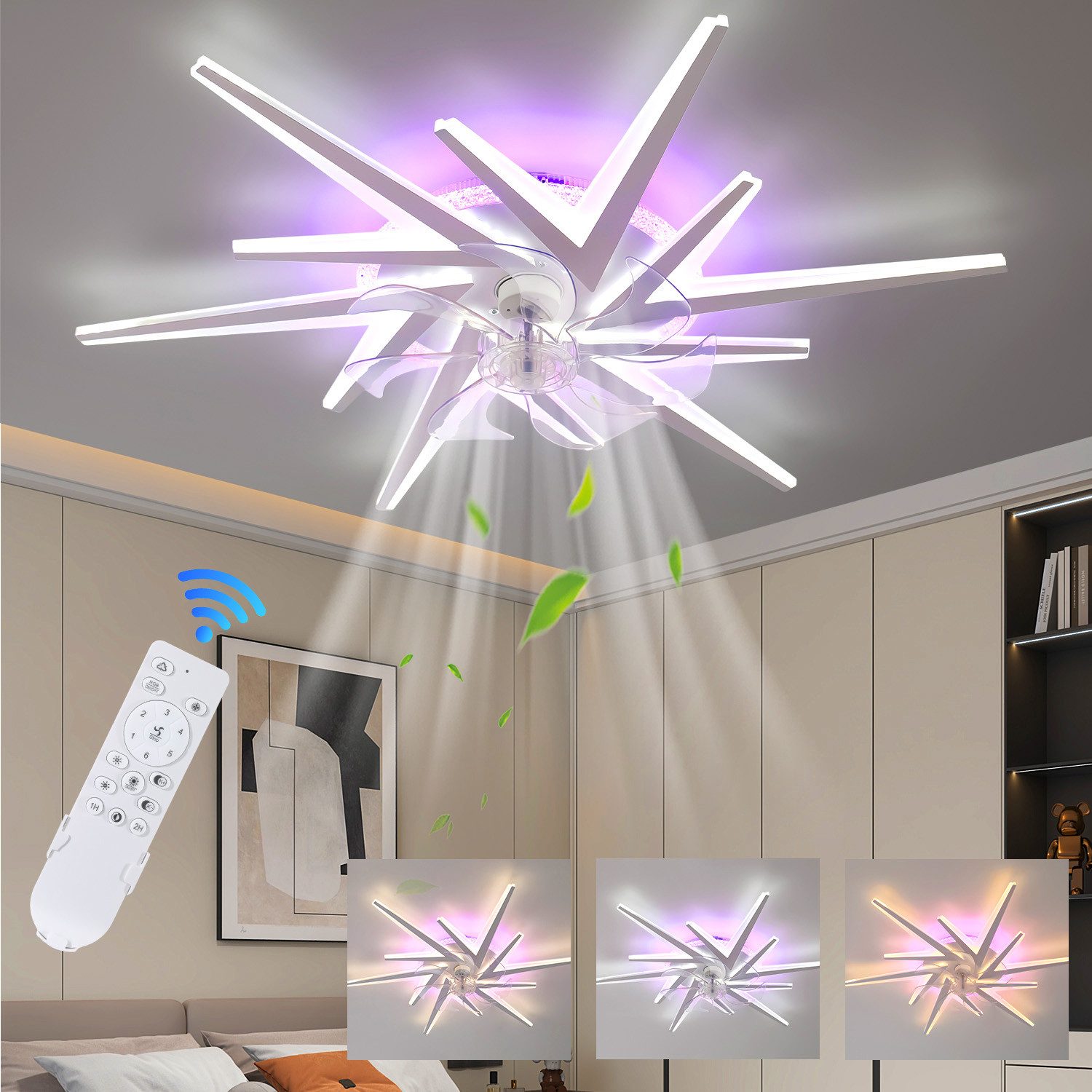 oyajia Deckenleuchte Leise Deckenventilator mit Beleuchtung, 78W LED Deckenleuchte 5800LM, LED fest integriert, Warmweiß, Naturweiß, Kaltweiß, LED Deckenleuchte mit Ventilator, 7 Lichter Design Deckenventilator